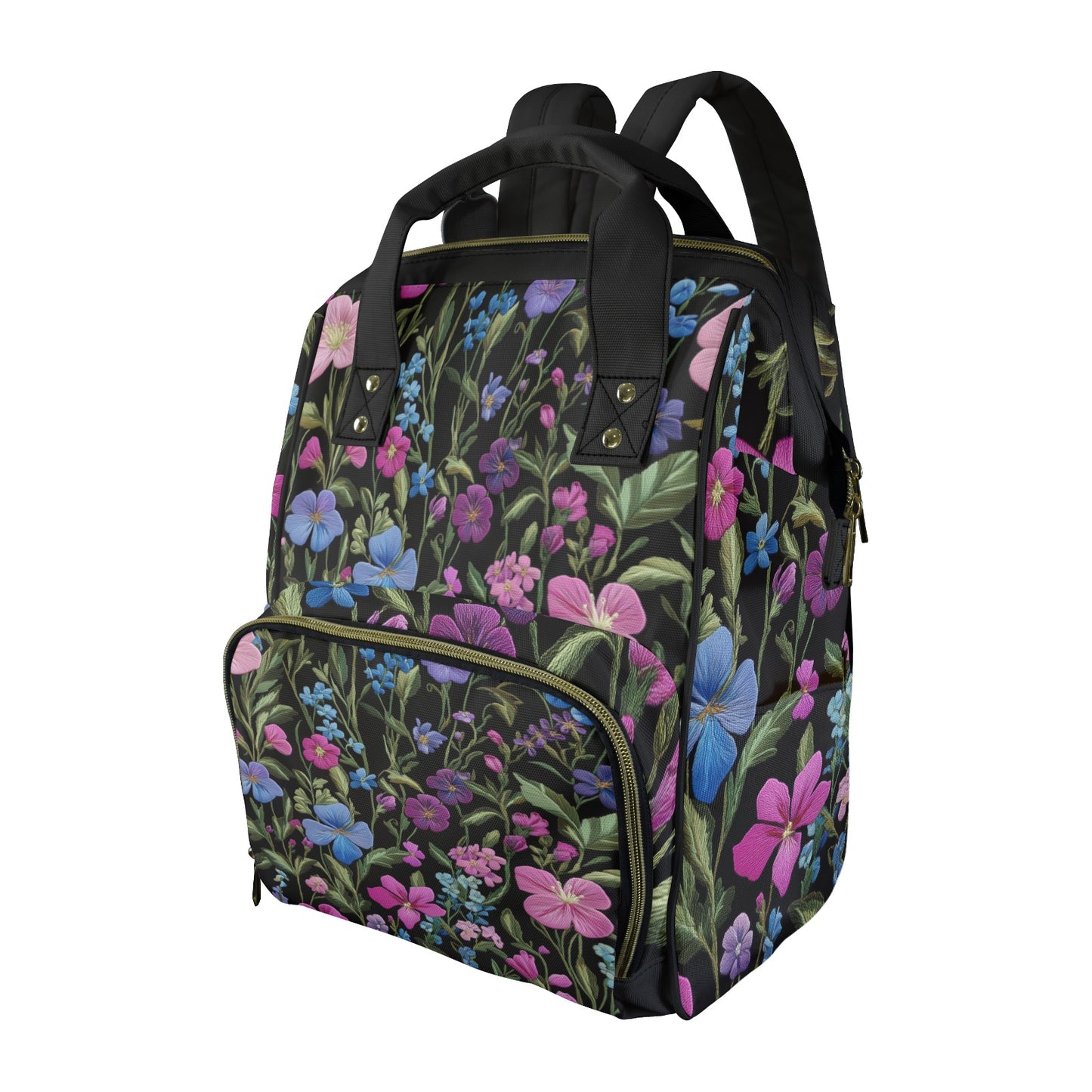 Dark Cottagecore Faux-Embroidery Garden Floral Multifunctional Diaper Backpack