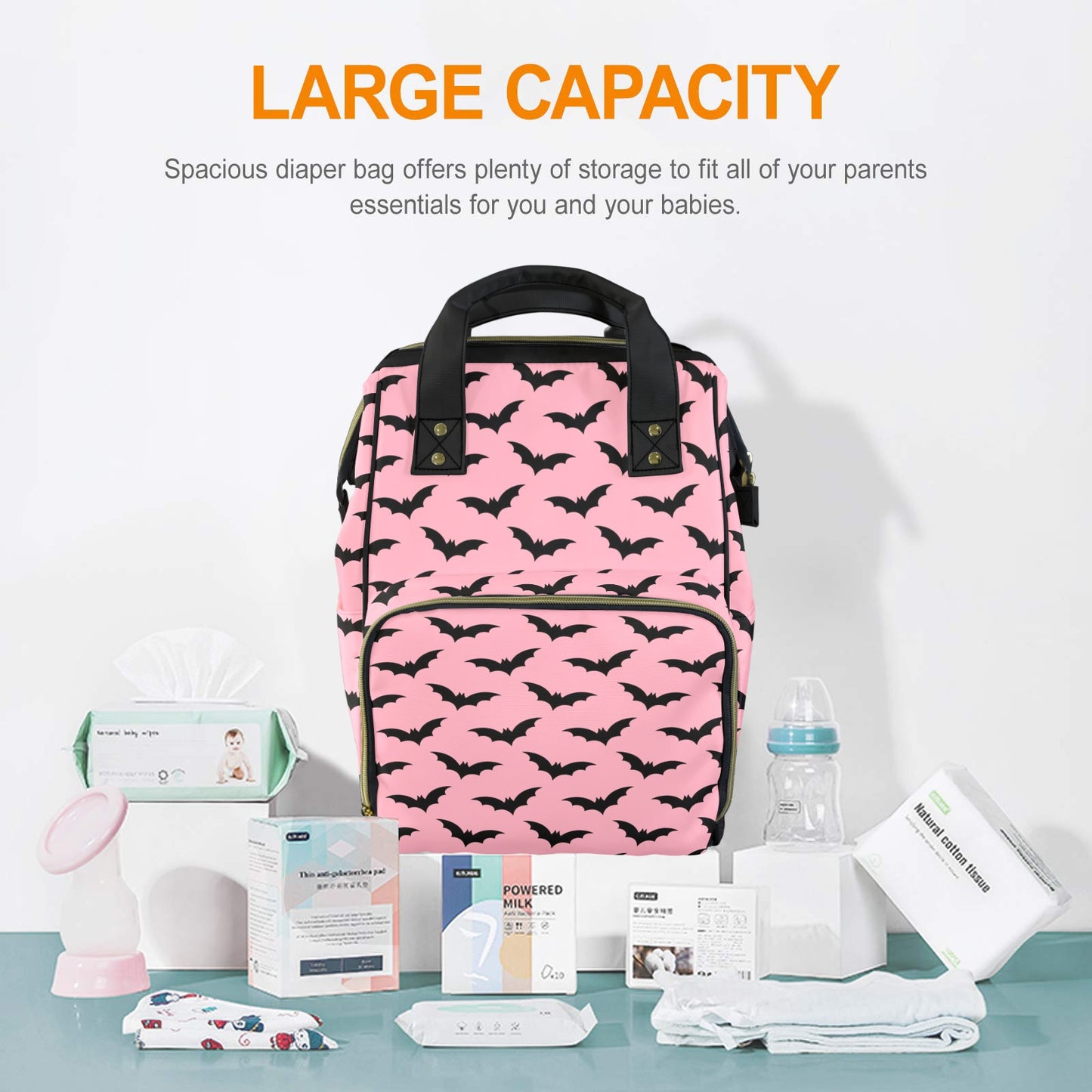 Black Bats on Pink Pastel Goth Diaper Bag