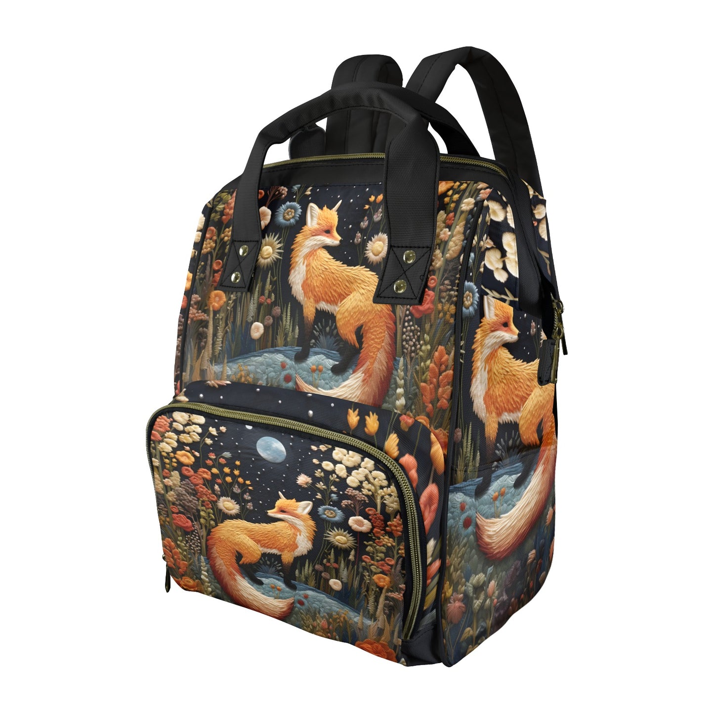Backpack with fox and nature design on a white background