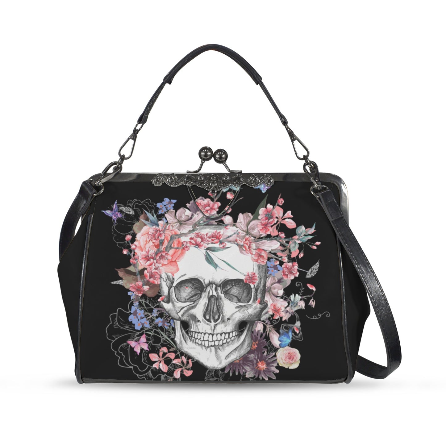 Skull and Flowers Kisslock Handbag