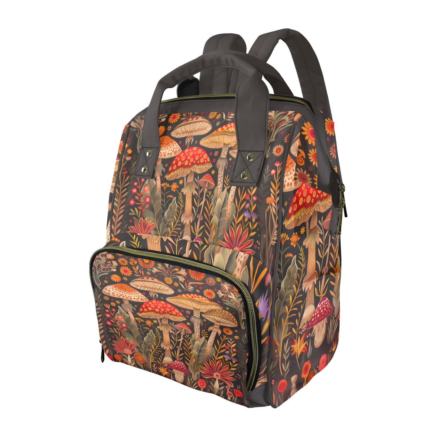 Backpack with mushroom and floral pattern on a white background