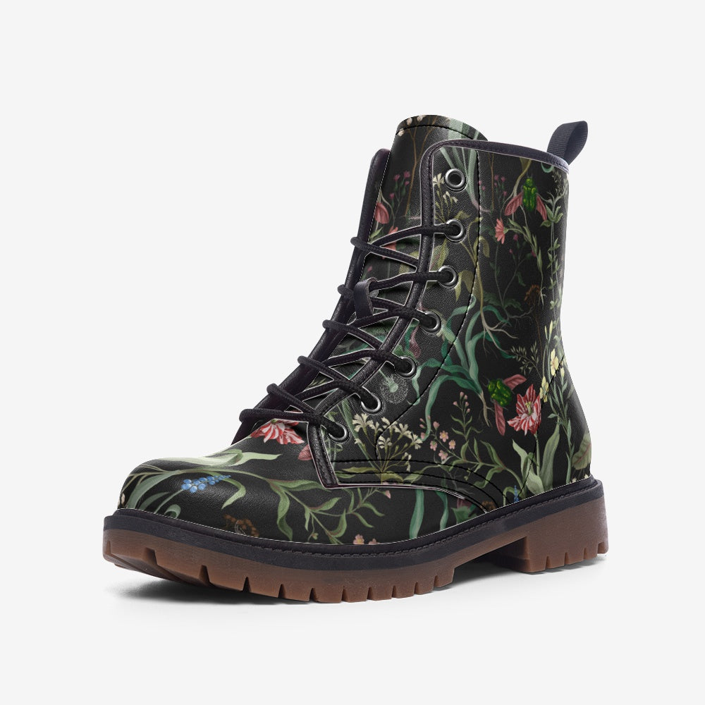 Dark Floral Vegan Leather Combat Boots