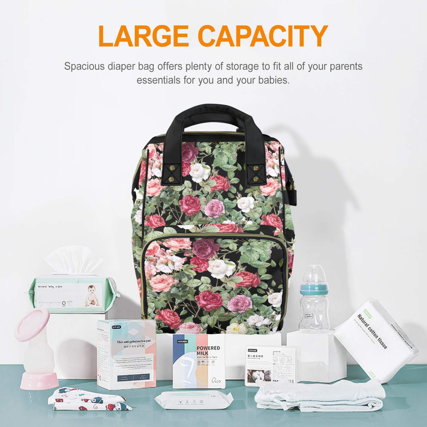 Cottagecore Pink Vintage Roses Diaper Bag Backpack