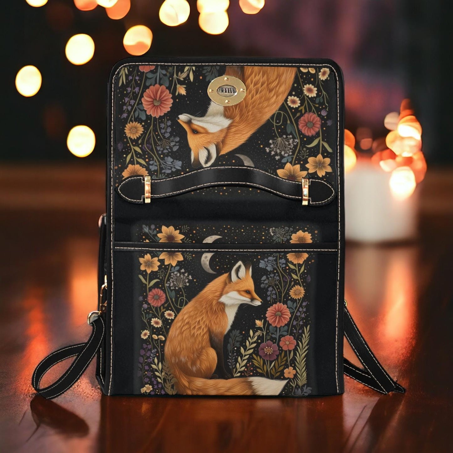 Dark Cottagecore Fox and Floral Satchel Handbag