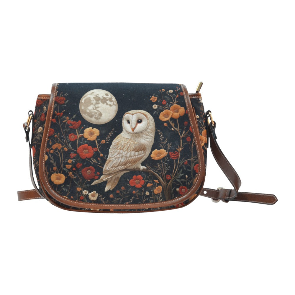 Barn Owl, Moon & Flowers Saddle Bag Purse