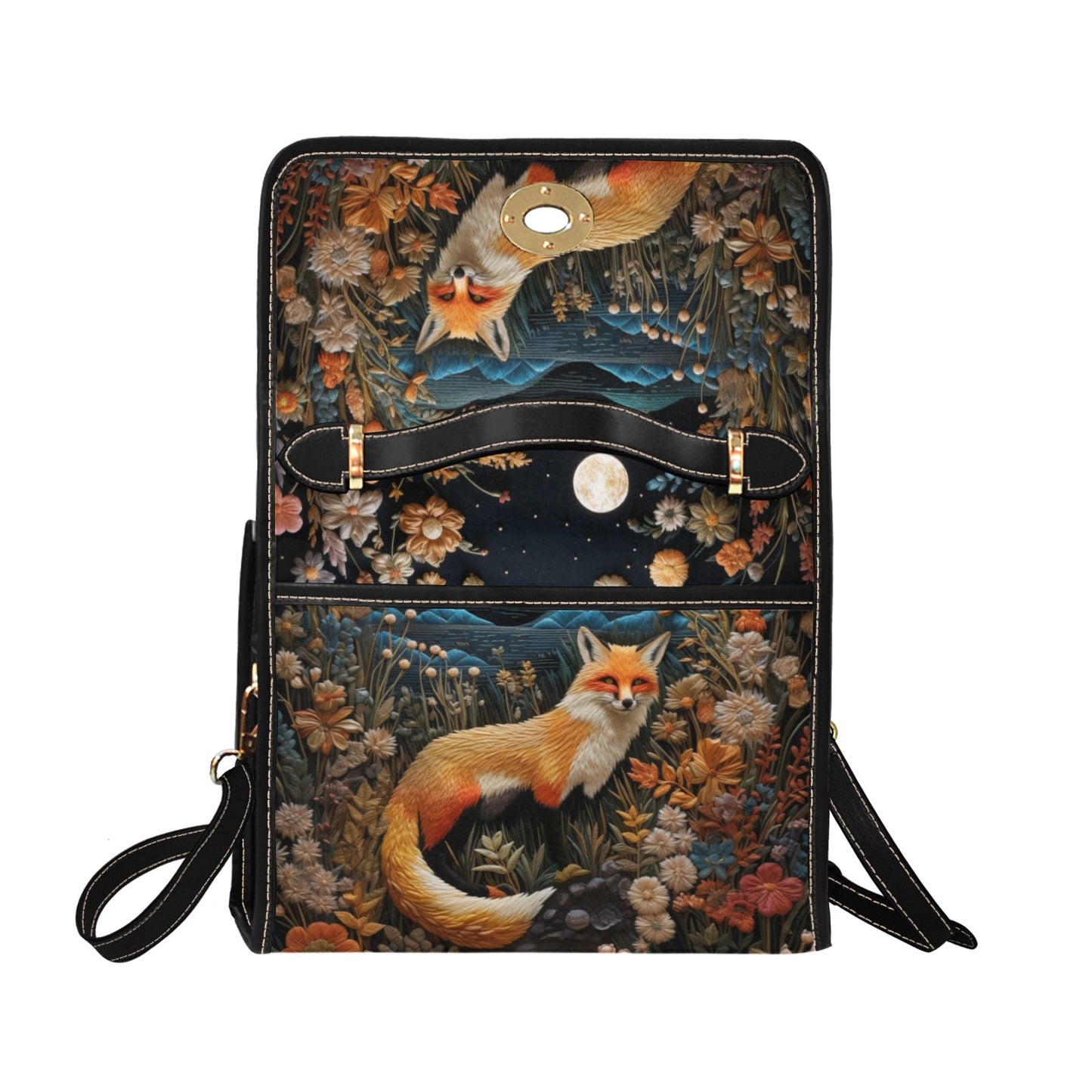 Faux-Embroidered Dark Fox and Floral Satchel