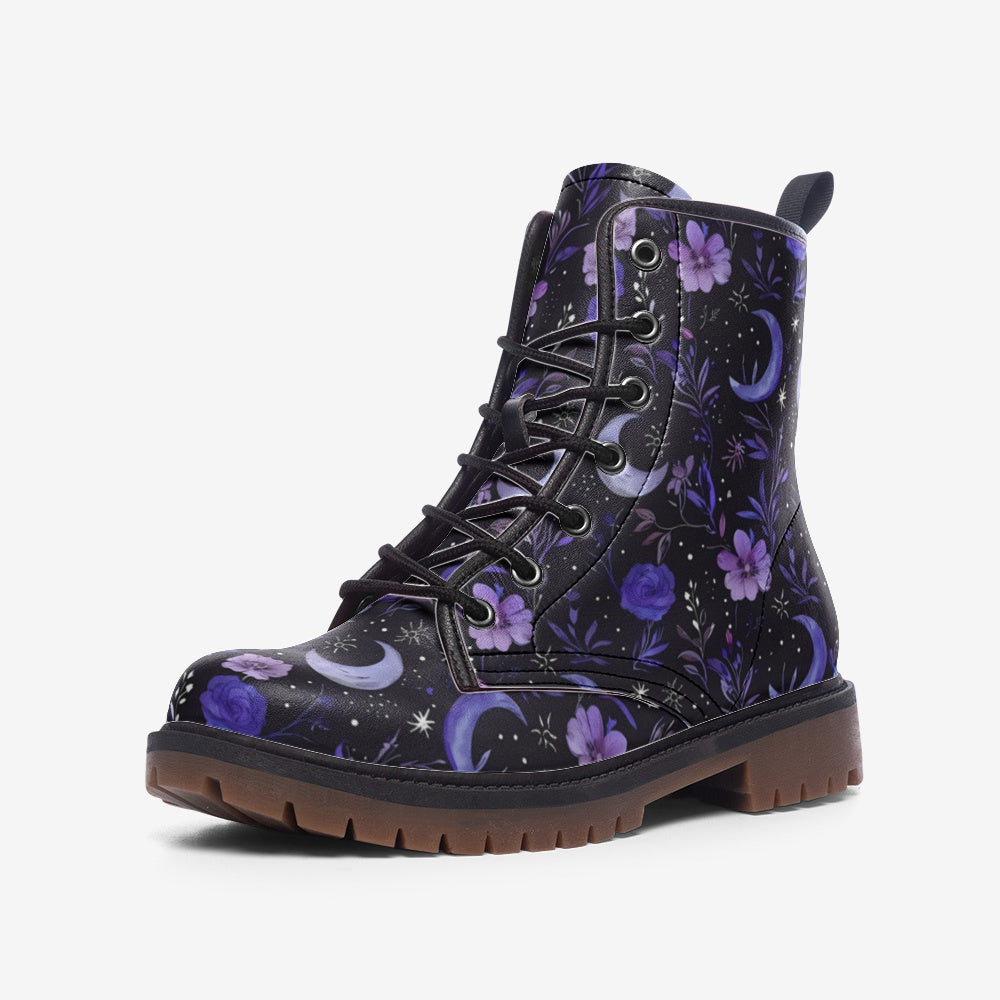 Purple Moons & Flowers Witchy Vegan Combat Boots