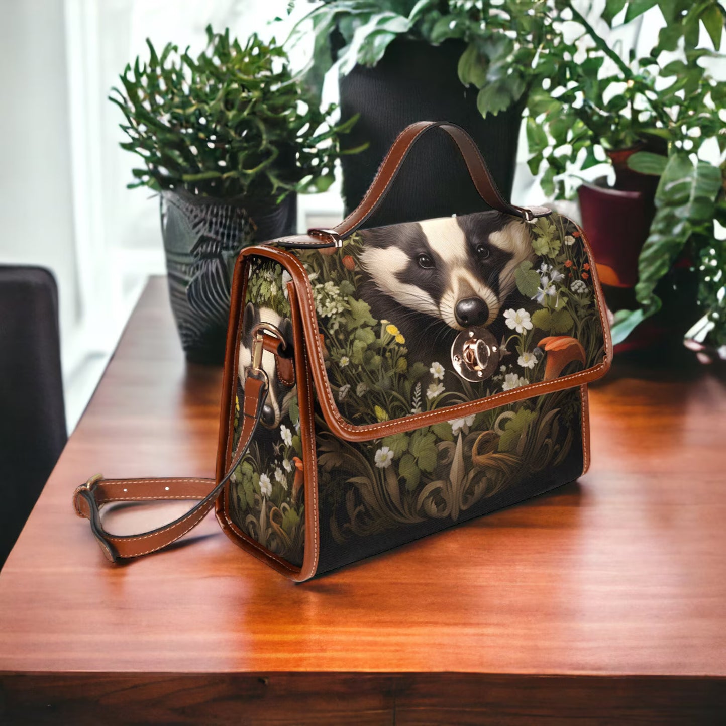 Forest Badger and Woodland Floral Satchel