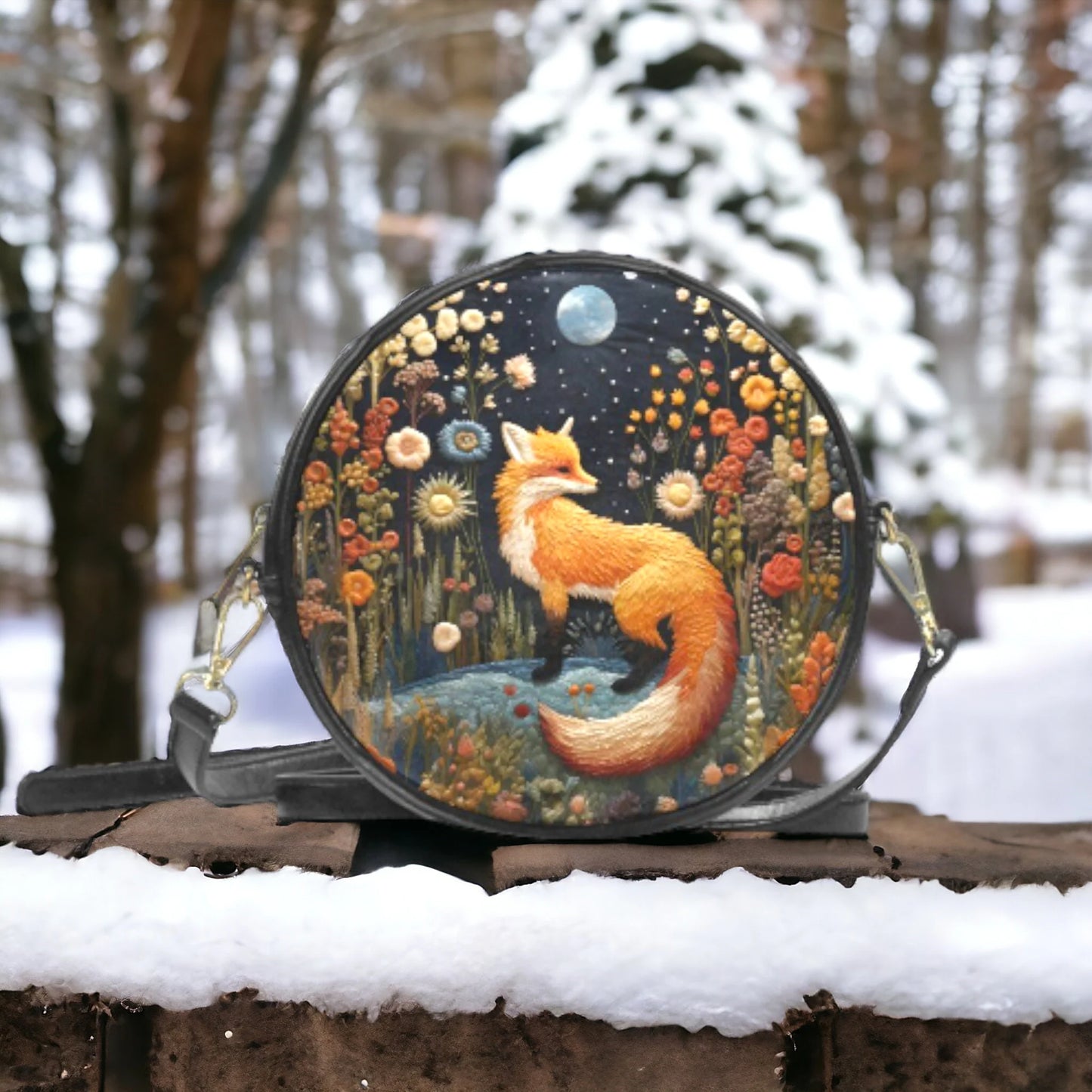 Faux-Embroidered Fox Vegan Leather Purse