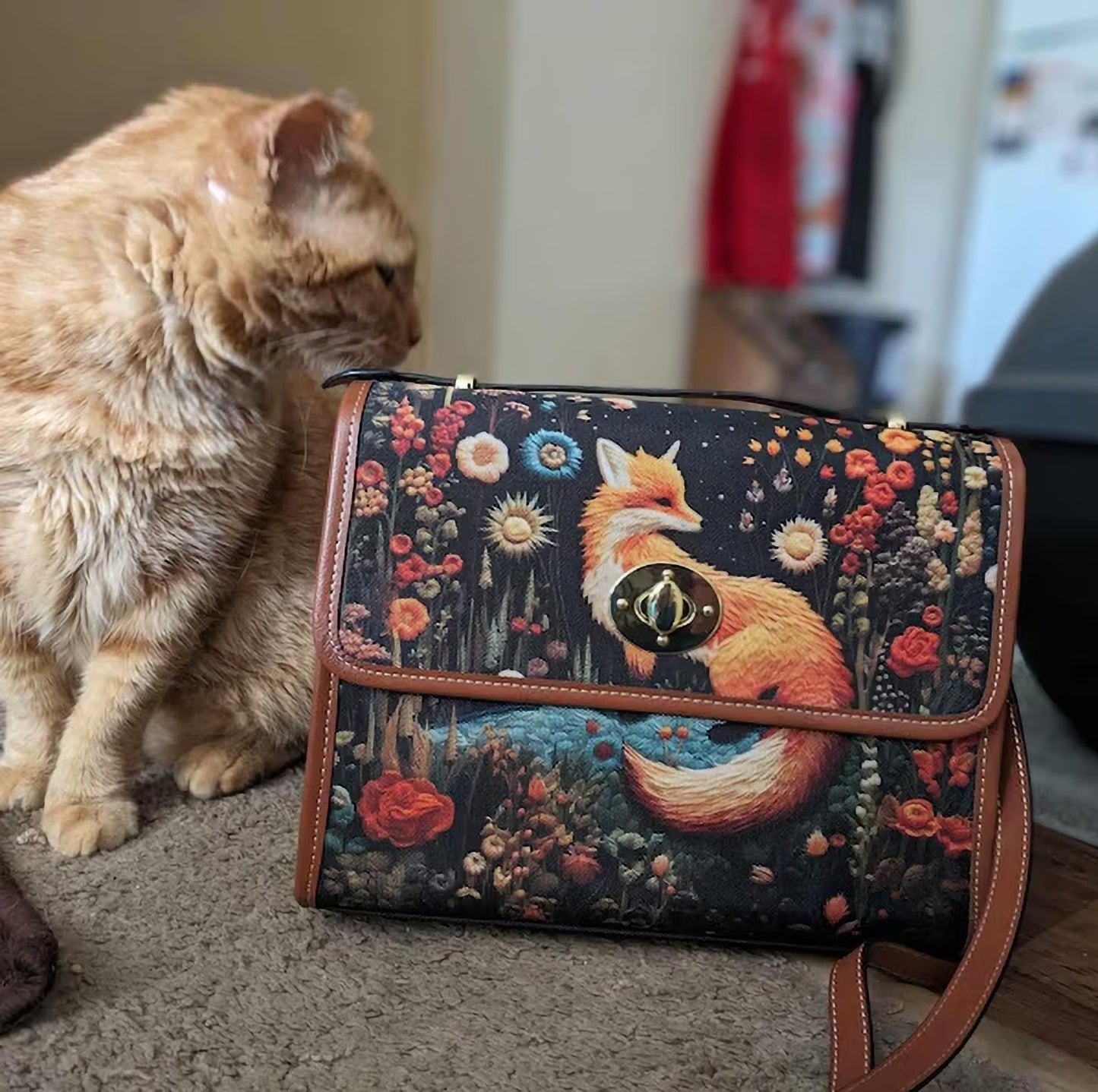 Faux-Embroidered Fox Floral Satchel & Wallet Set
