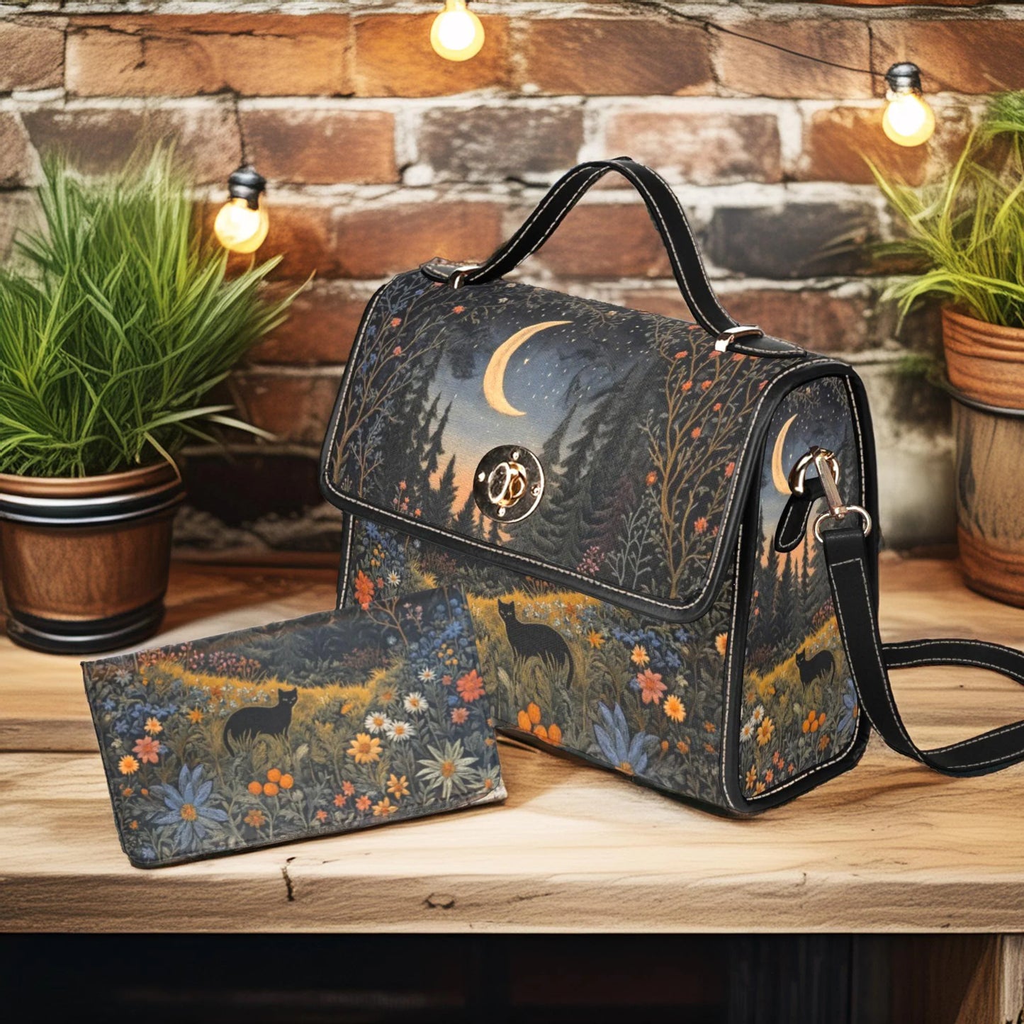 Faux-Embroidered Black Cat Flower Meadown Moon Handbag & Clutch Wallet Set