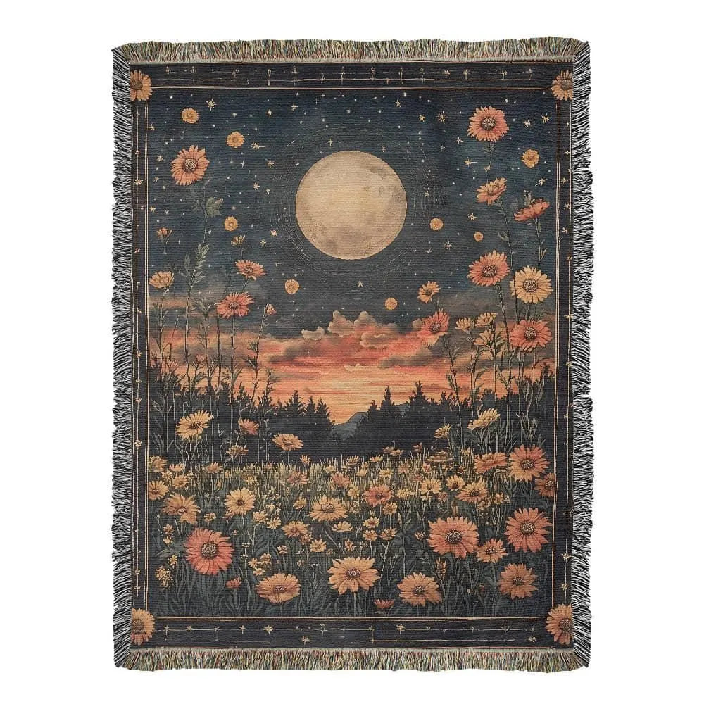 Celestial Moon Flowers Woven Blanket
