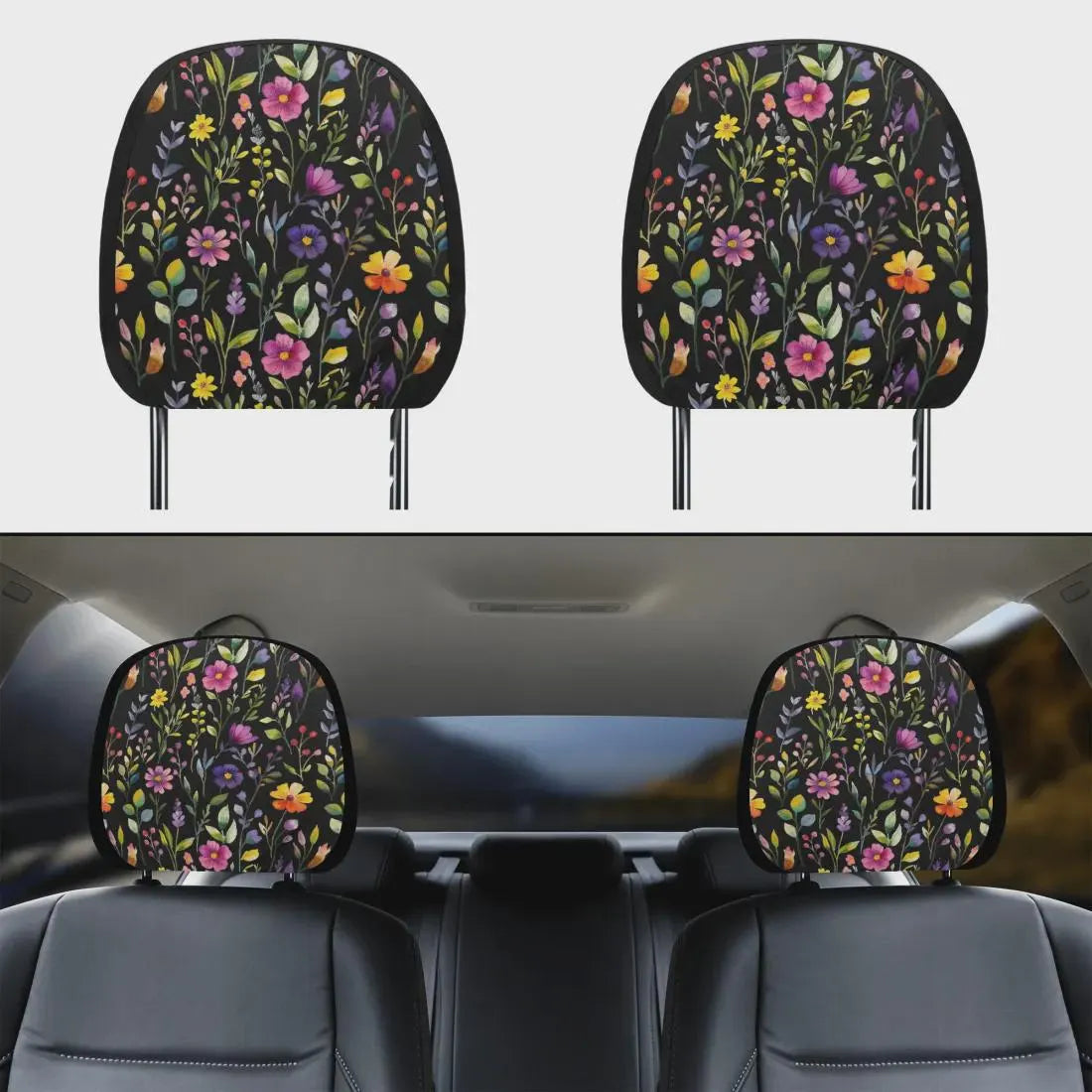 Watercolor Flowers on Black Car Accessories