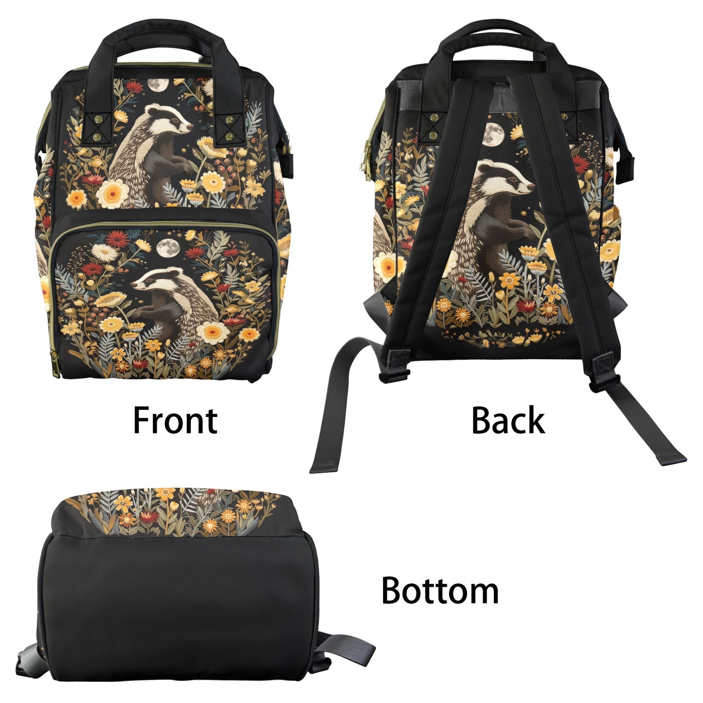 Whimsical Badger and Flowers Diaper Backpack
