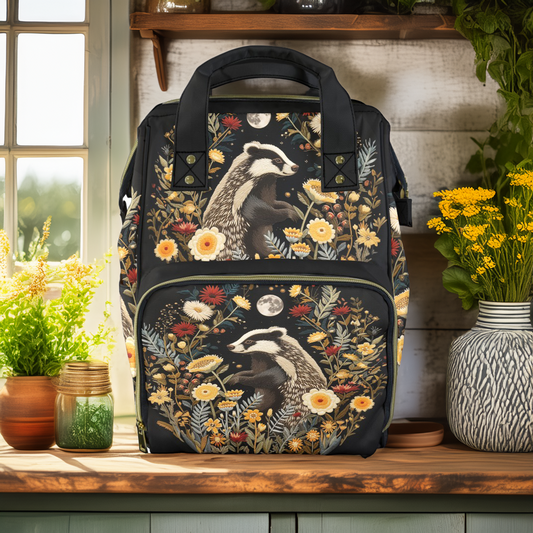 Whimsical Badger and Flowers Diaper Backpack