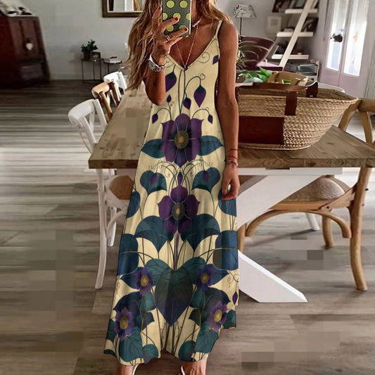 Art Nouveau Violet Floral Maxi Dress