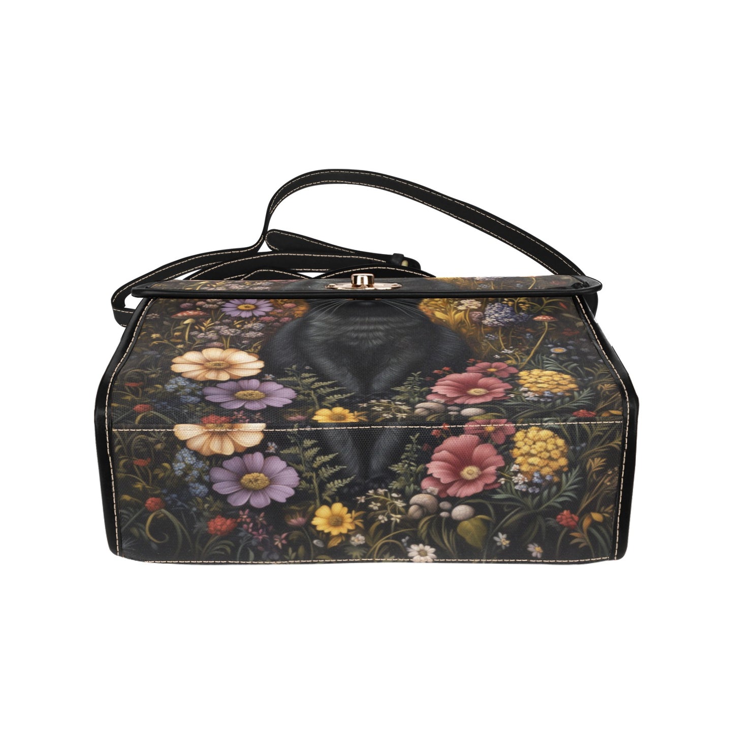 Black Cat in the Flower Garden Vegan Satchel Purse