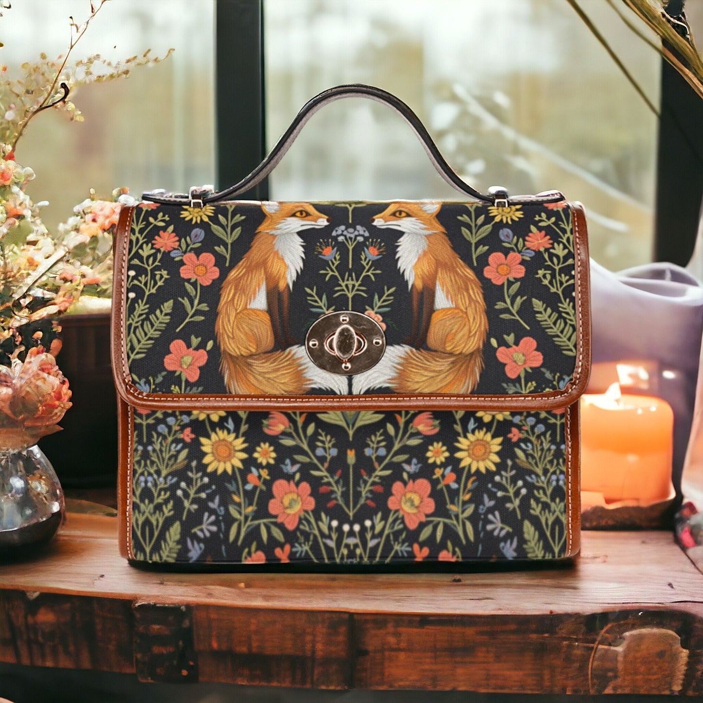 Faux-Embroidered Twin Foxes Flowers Handbag & Clutch Wallet Set