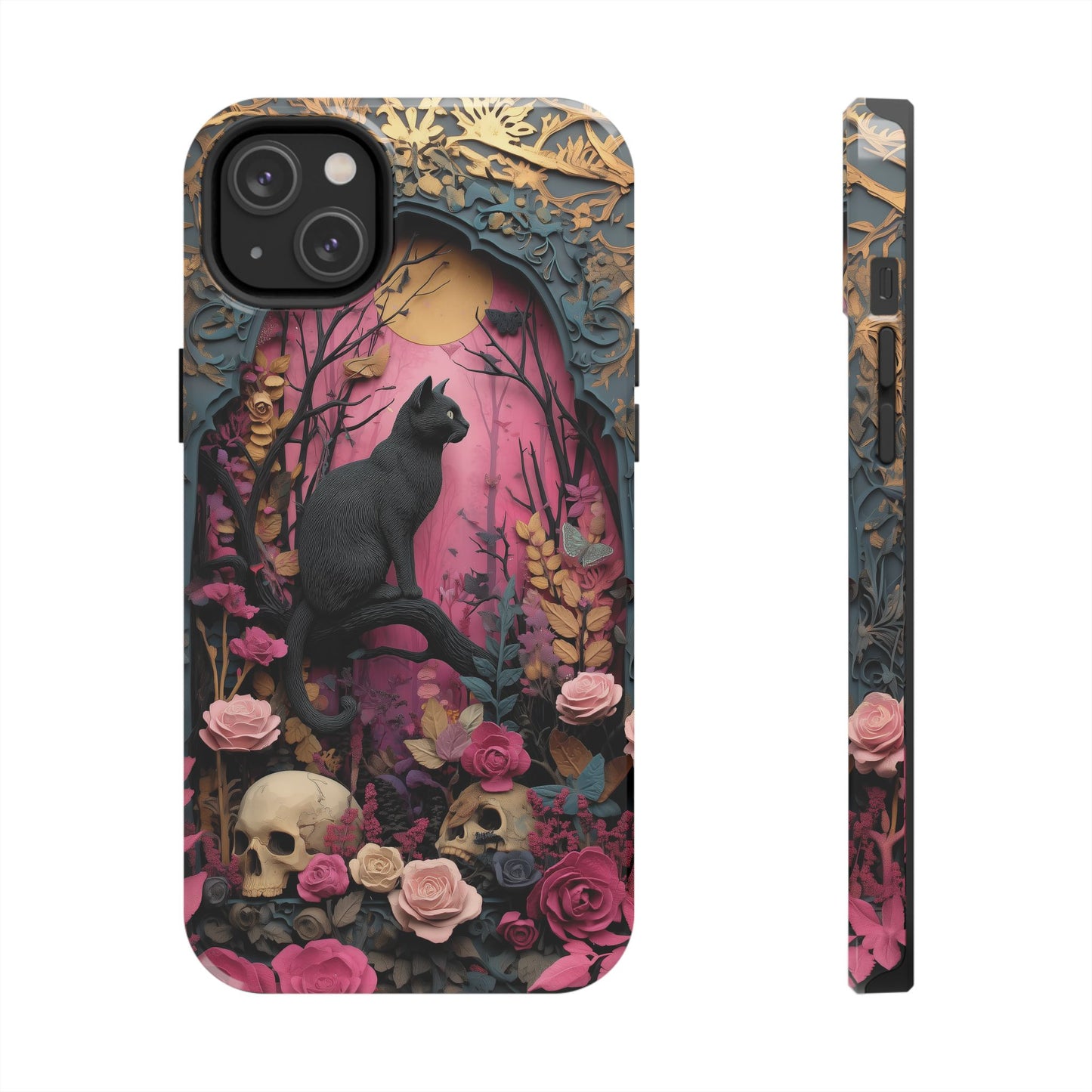 Gothic Cat & Floral Skulls Phone Case