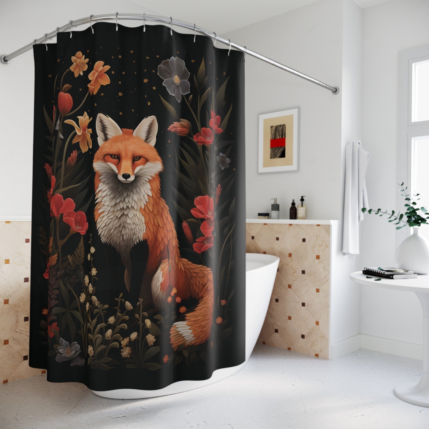 Dark Cottagecore Woodland Fox and Flowers Bath Shower Curtain
