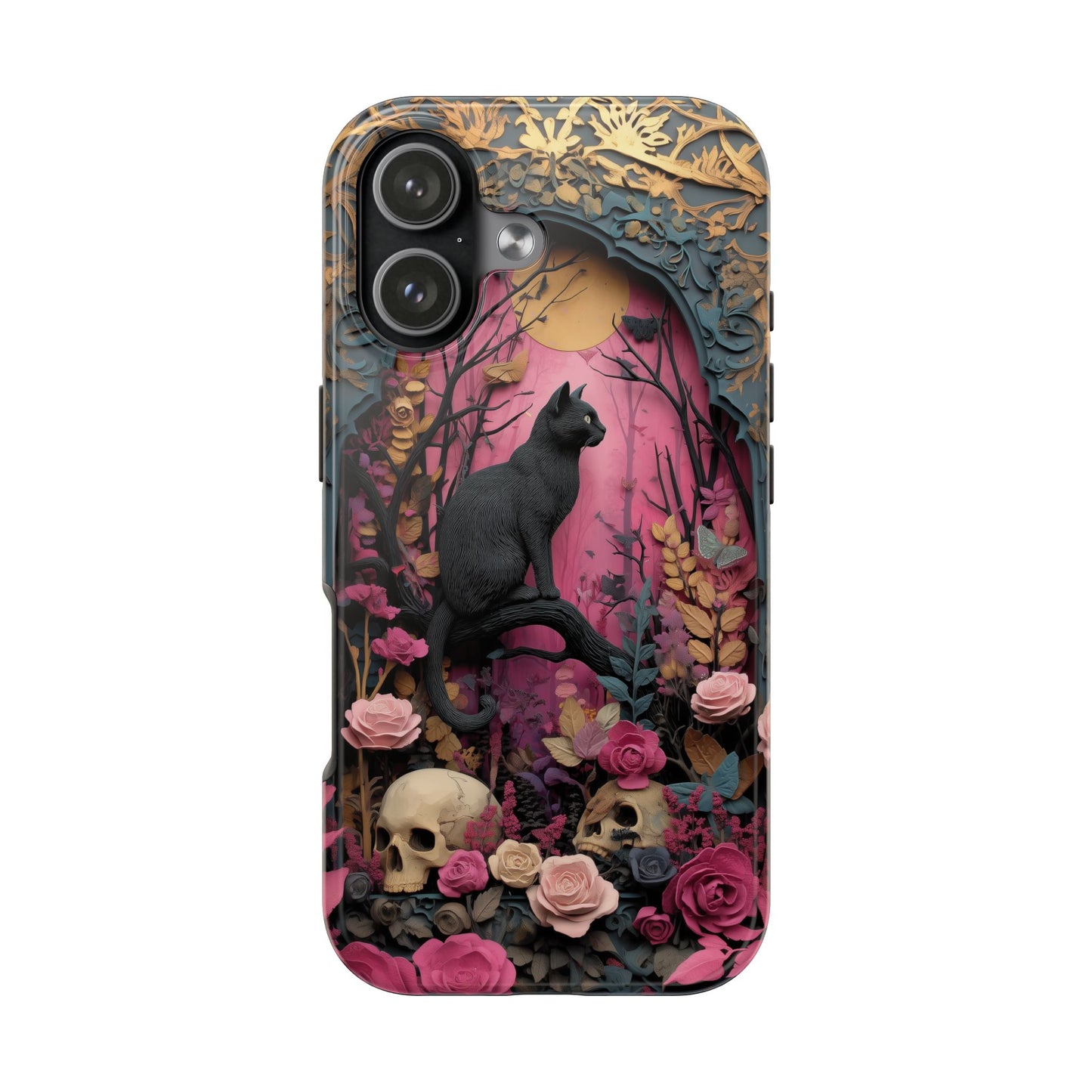 Gothic Cat & Floral Skulls Phone Case