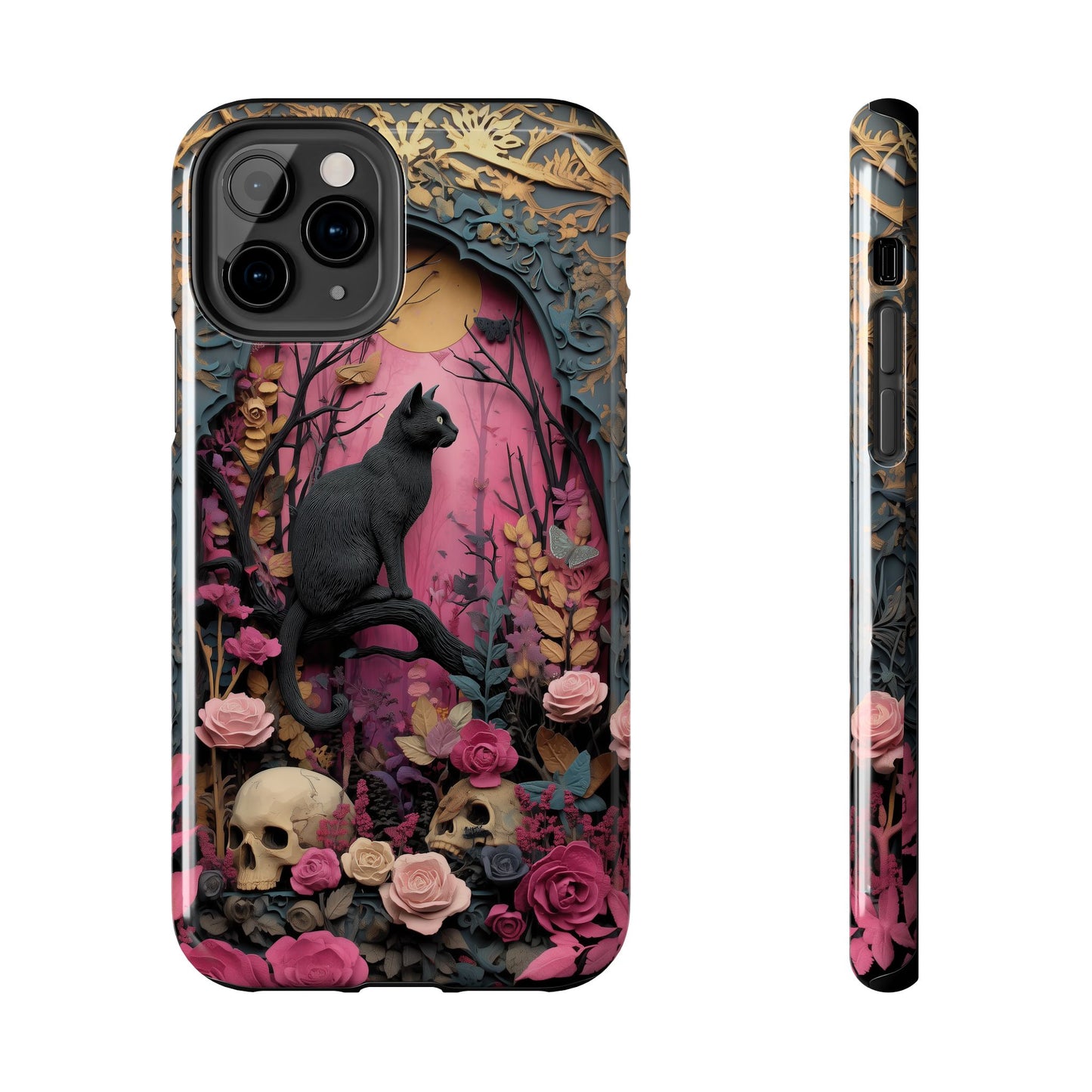 Gothic Cat & Floral Skulls Phone Case