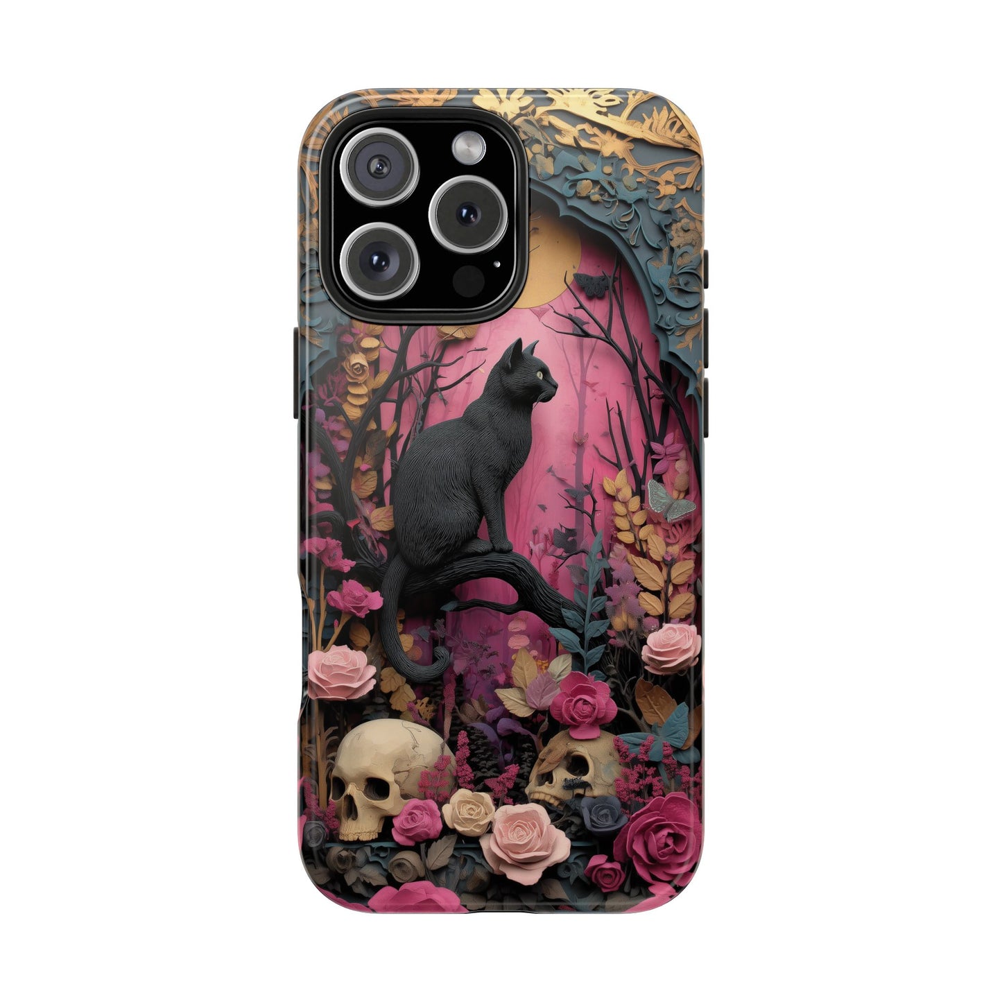 Gothic Cat & Floral Skulls Phone Case