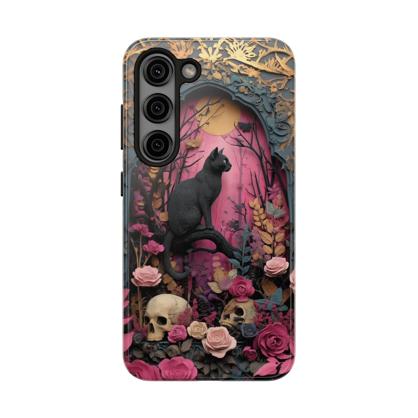 Gothic Cat & Floral Skulls Phone Case