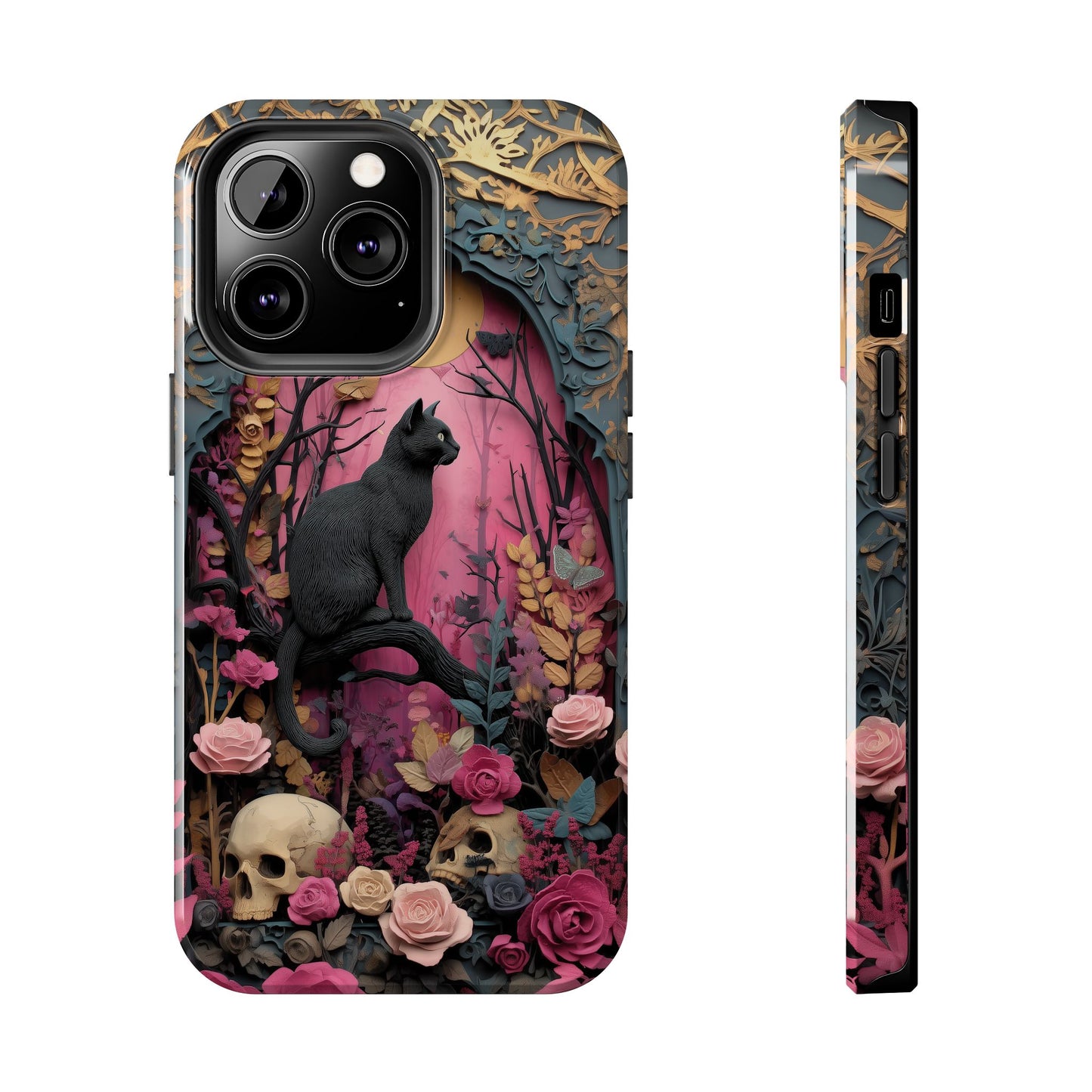 Gothic Cat & Floral Skulls Phone Case
