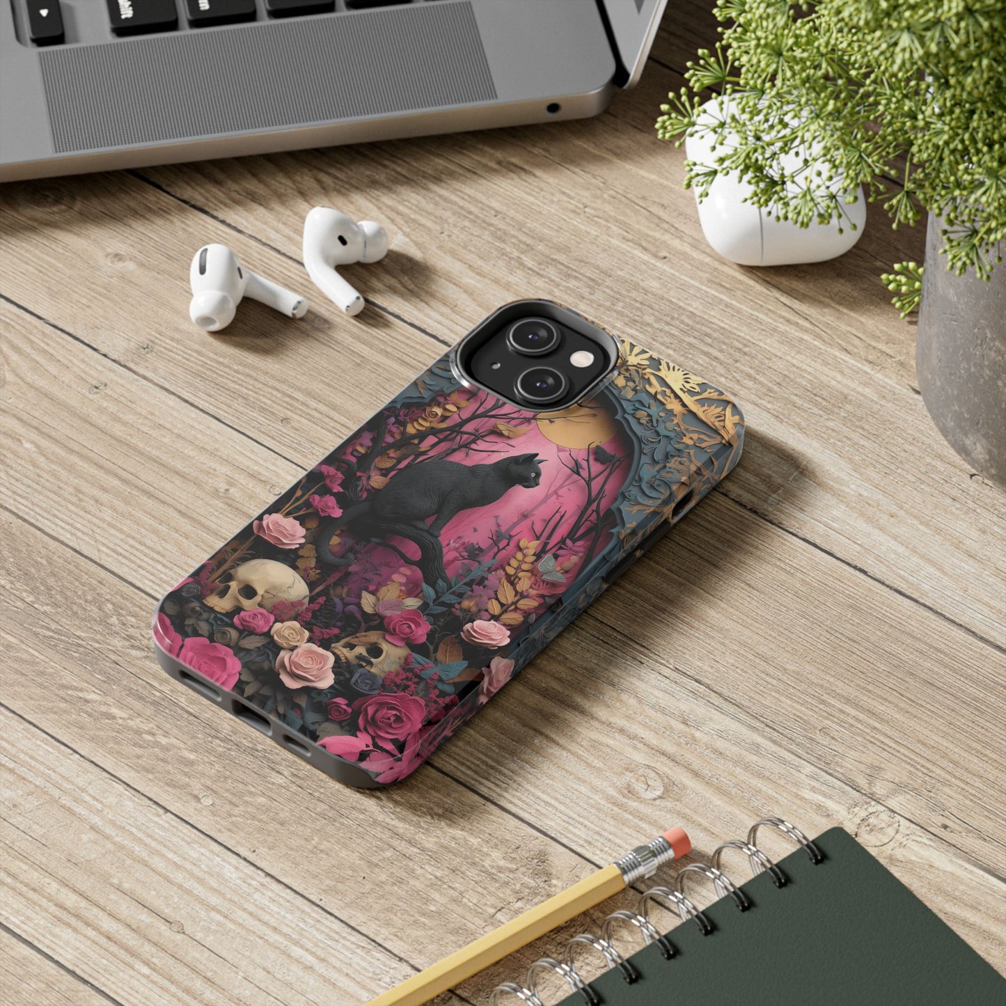 Gothic Cat & Floral Skulls Phone Case