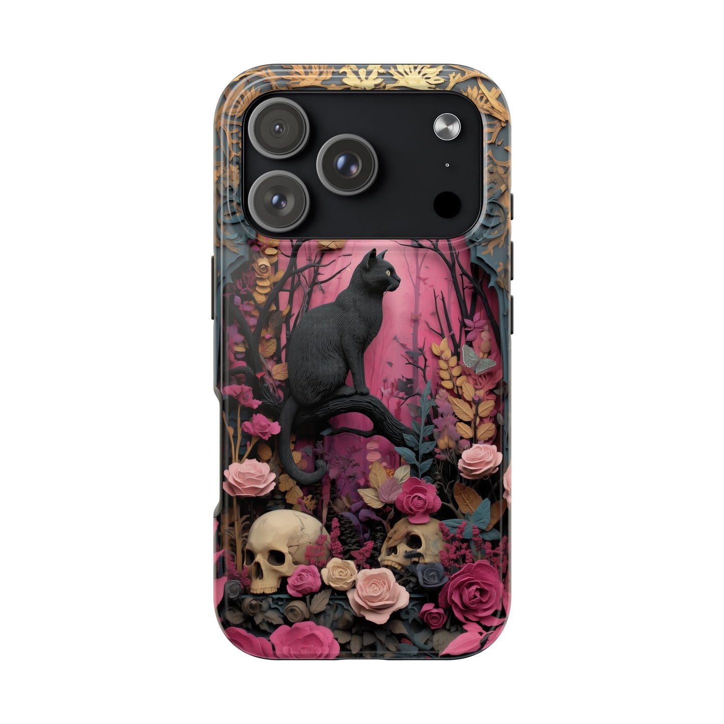 Gothic Cat & Floral Skulls Phone Case