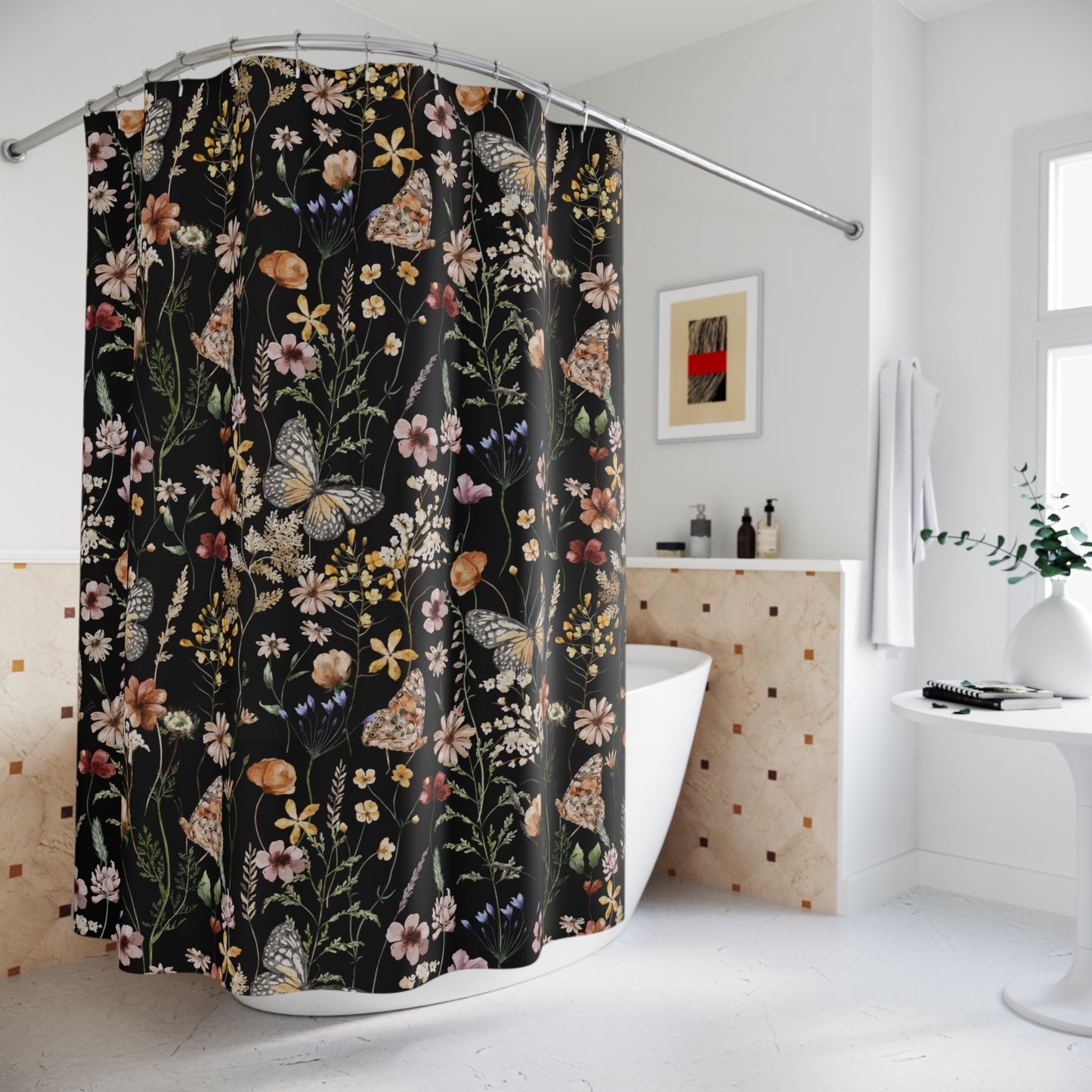 Floral Butterfly Shower Curtain & Bath Mat Set