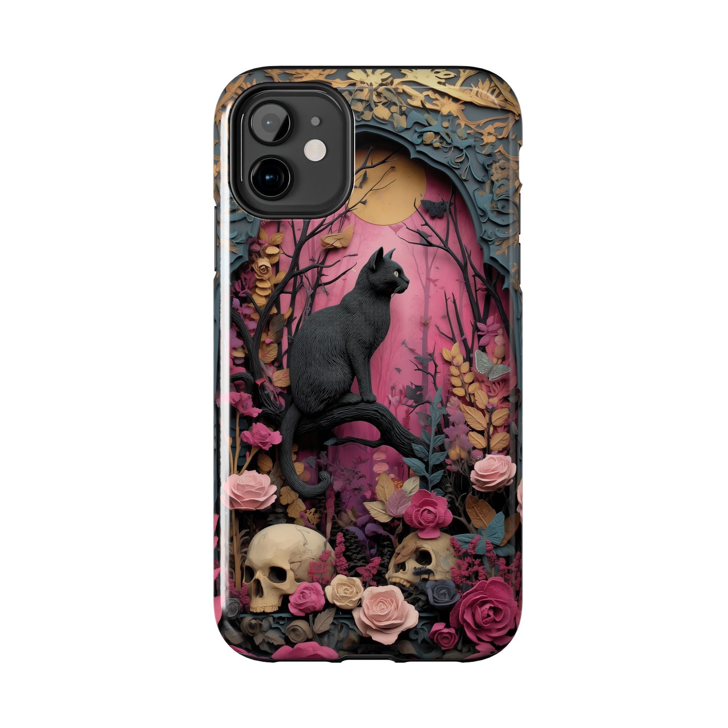 Gothic Cat & Floral Skulls Phone Case