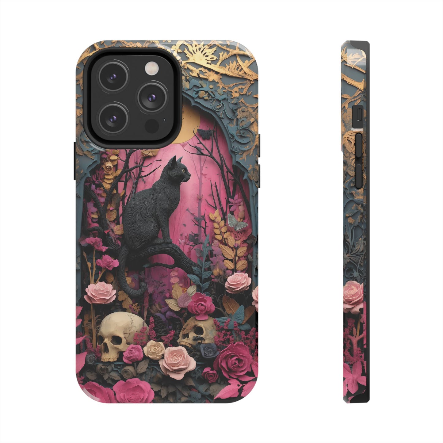 Gothic Cat & Floral Skulls Phone Case