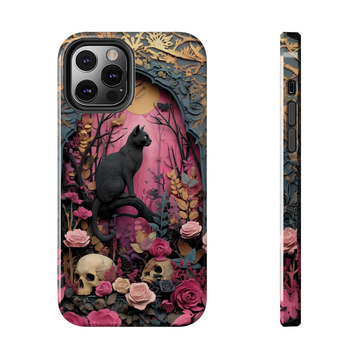 Gothic Cat & Floral Skulls Phone Case