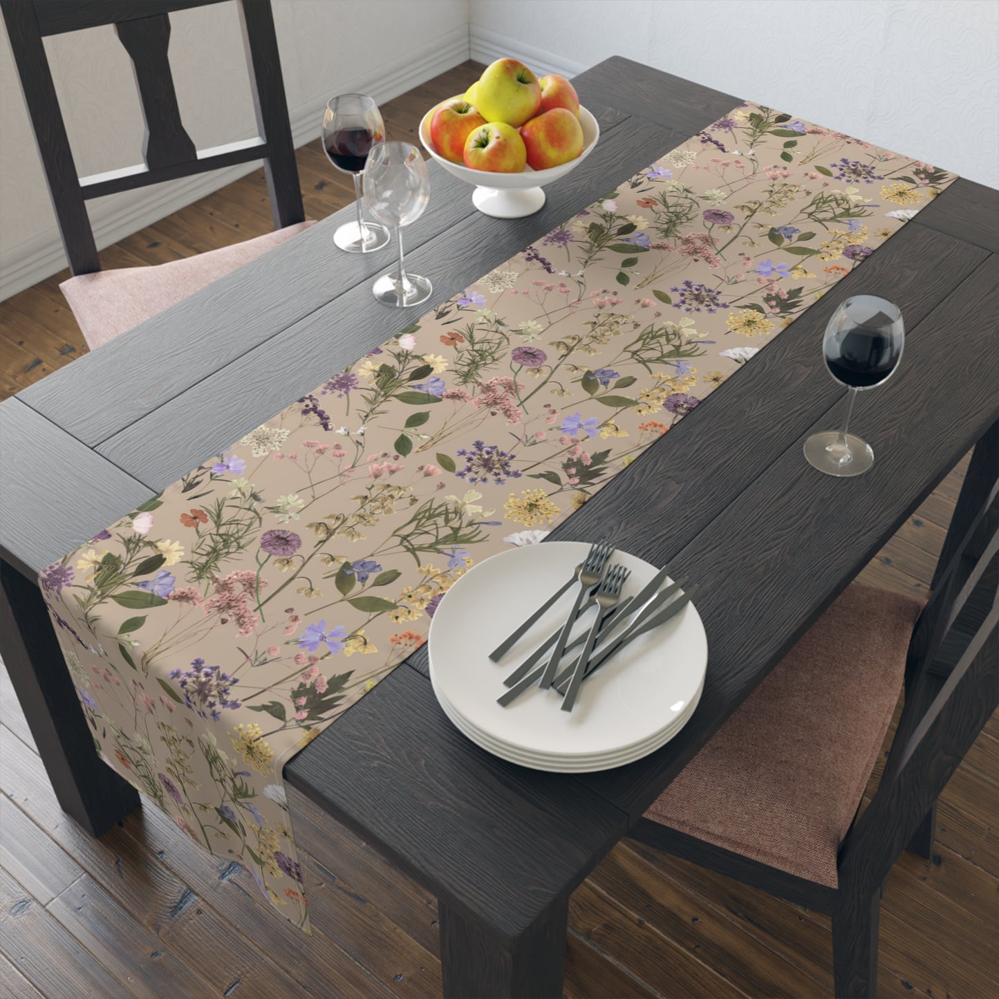 Pressed Wildflowers Taupe Table Runner
