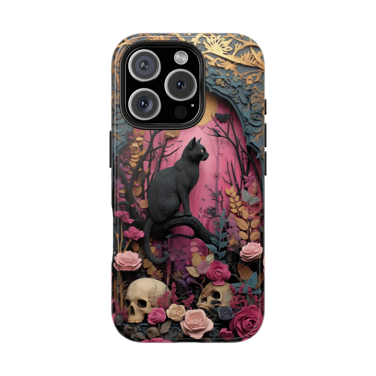 Gothic Cat & Floral Skulls Phone Case