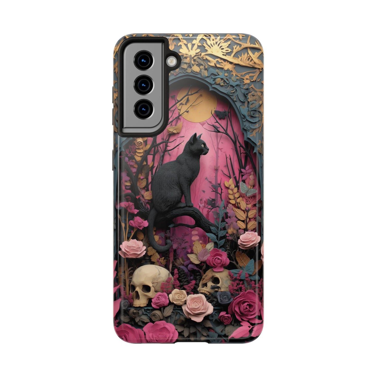 Gothic Cat & Floral Skulls Phone Case