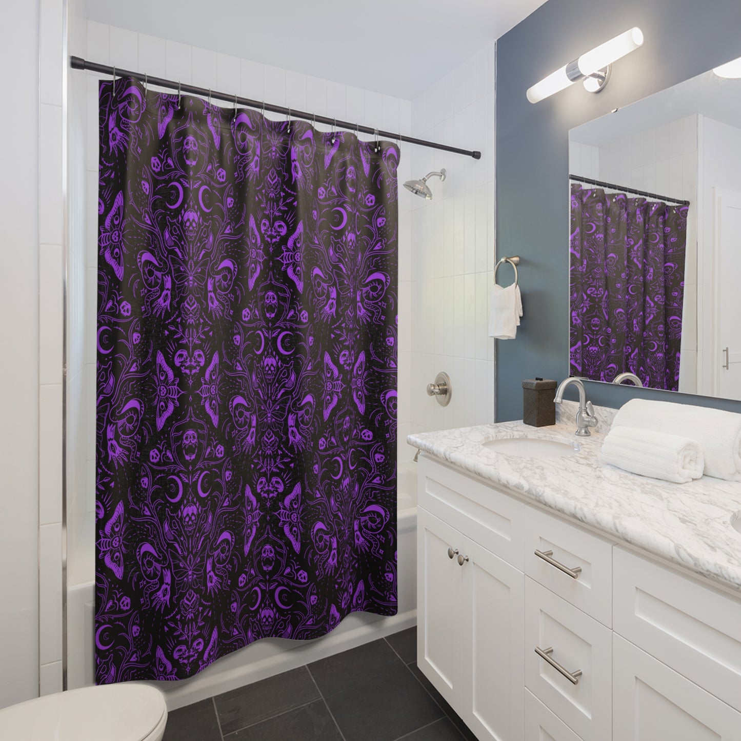 Witchy Skulls & Moths Shower Curtain and Bath Mat
