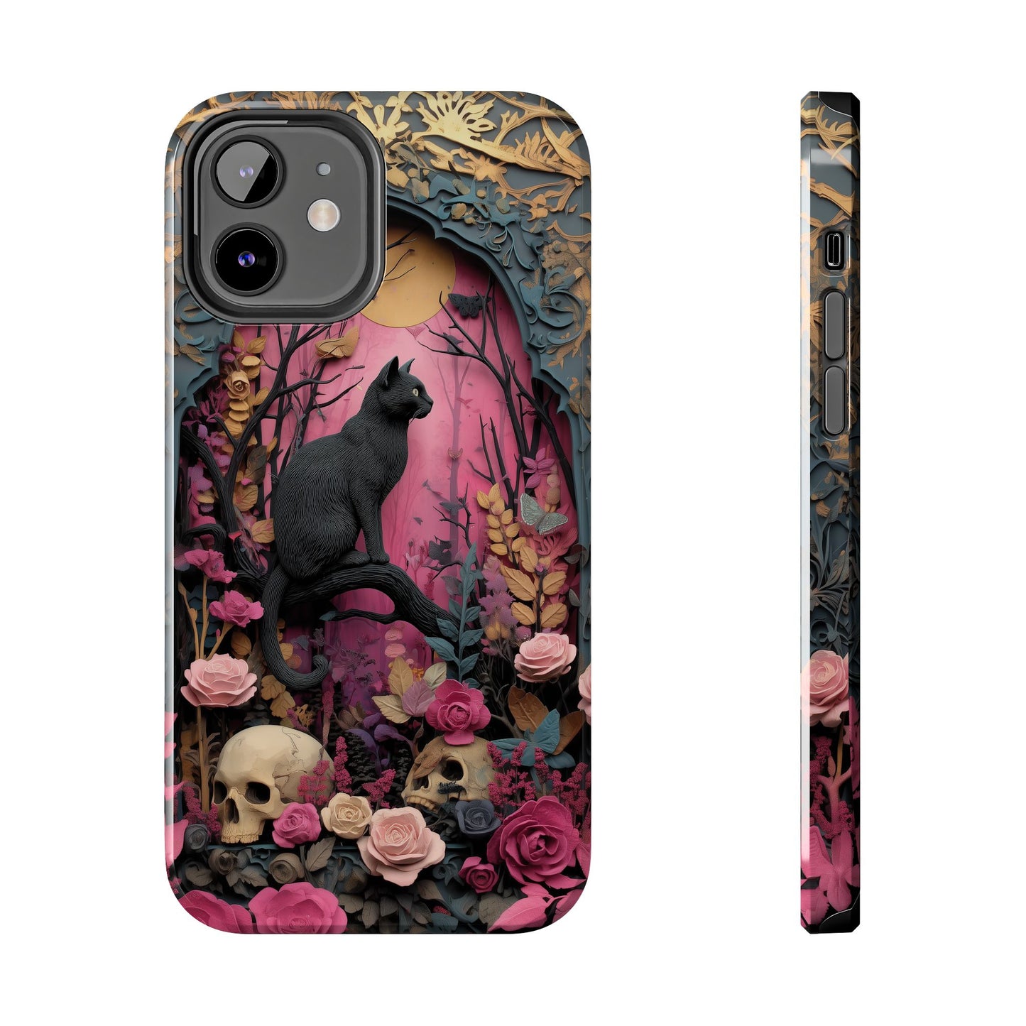 Gothic Cat & Floral Skulls Phone Case