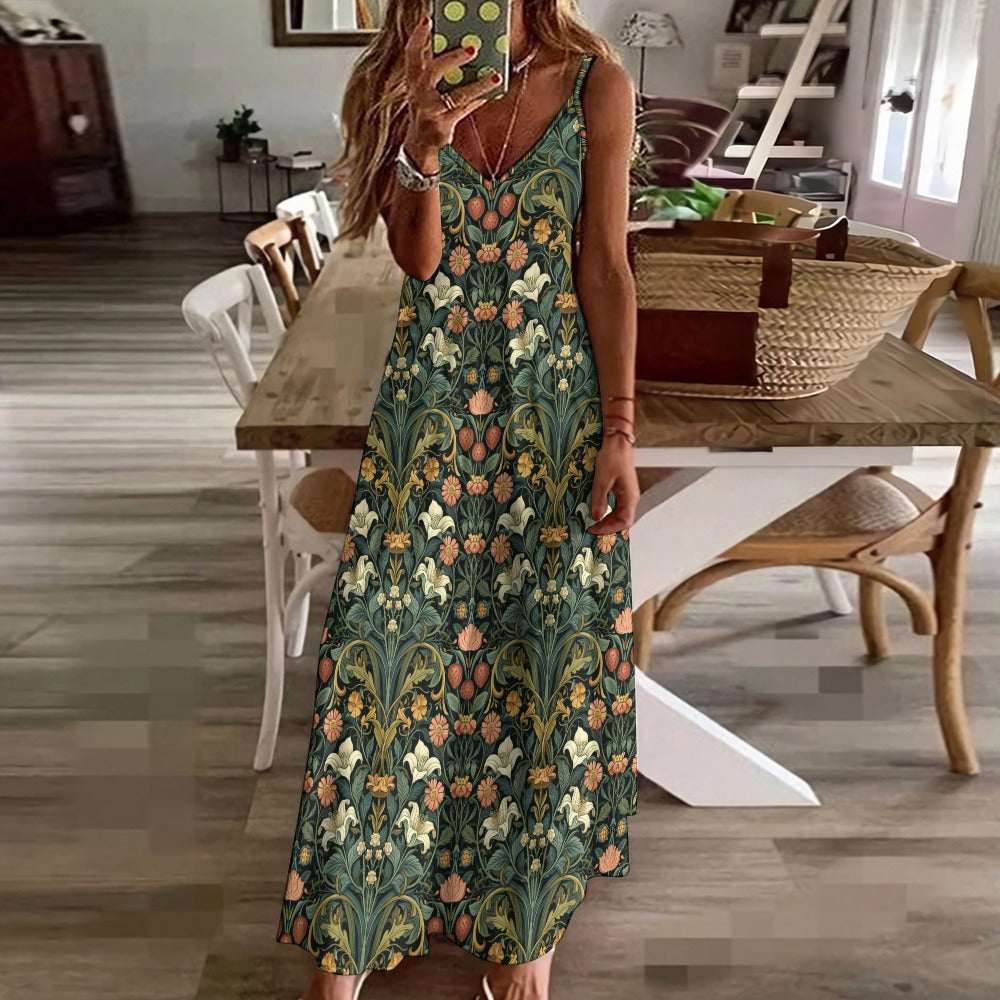 Boho Floral Lilies Strawberries Maxi Dress