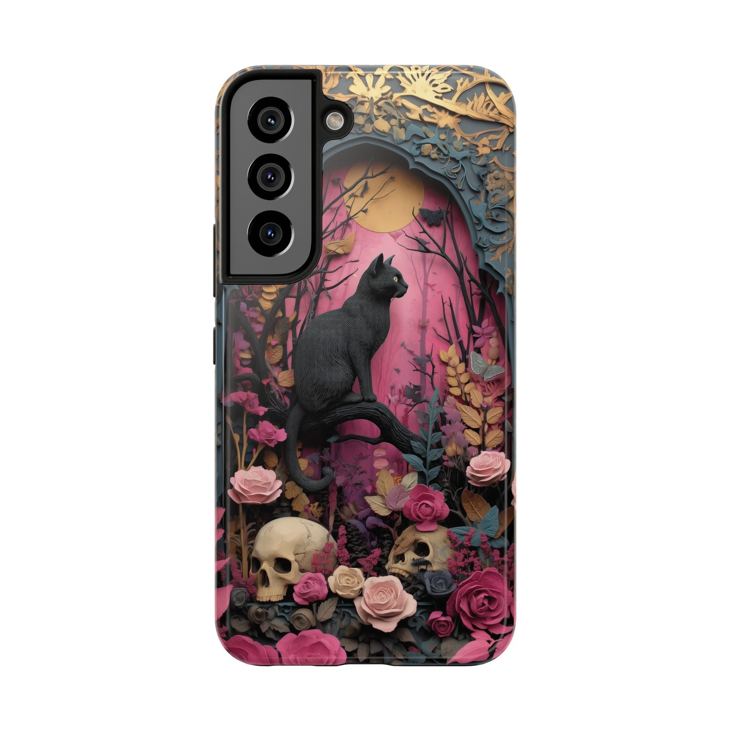 Gothic Cat & Floral Skulls Phone Case
