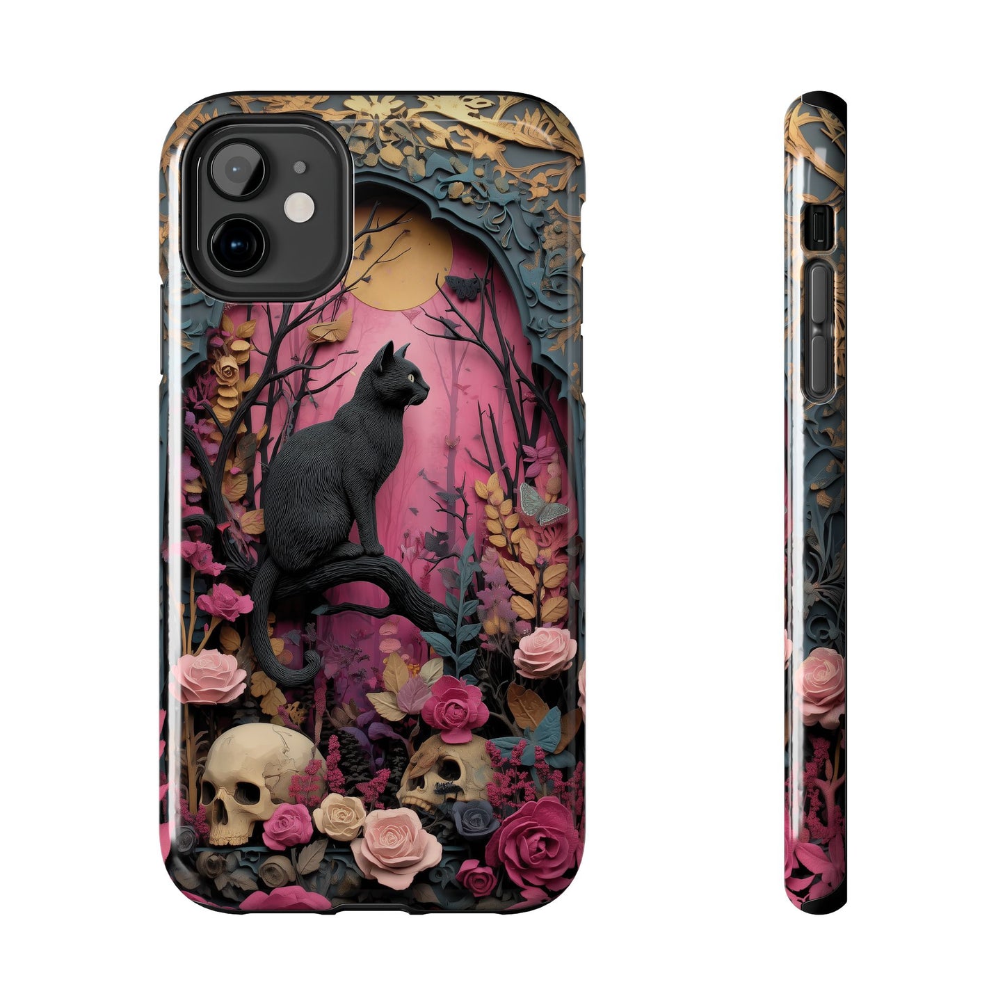 Gothic Cat & Floral Skulls Phone Case