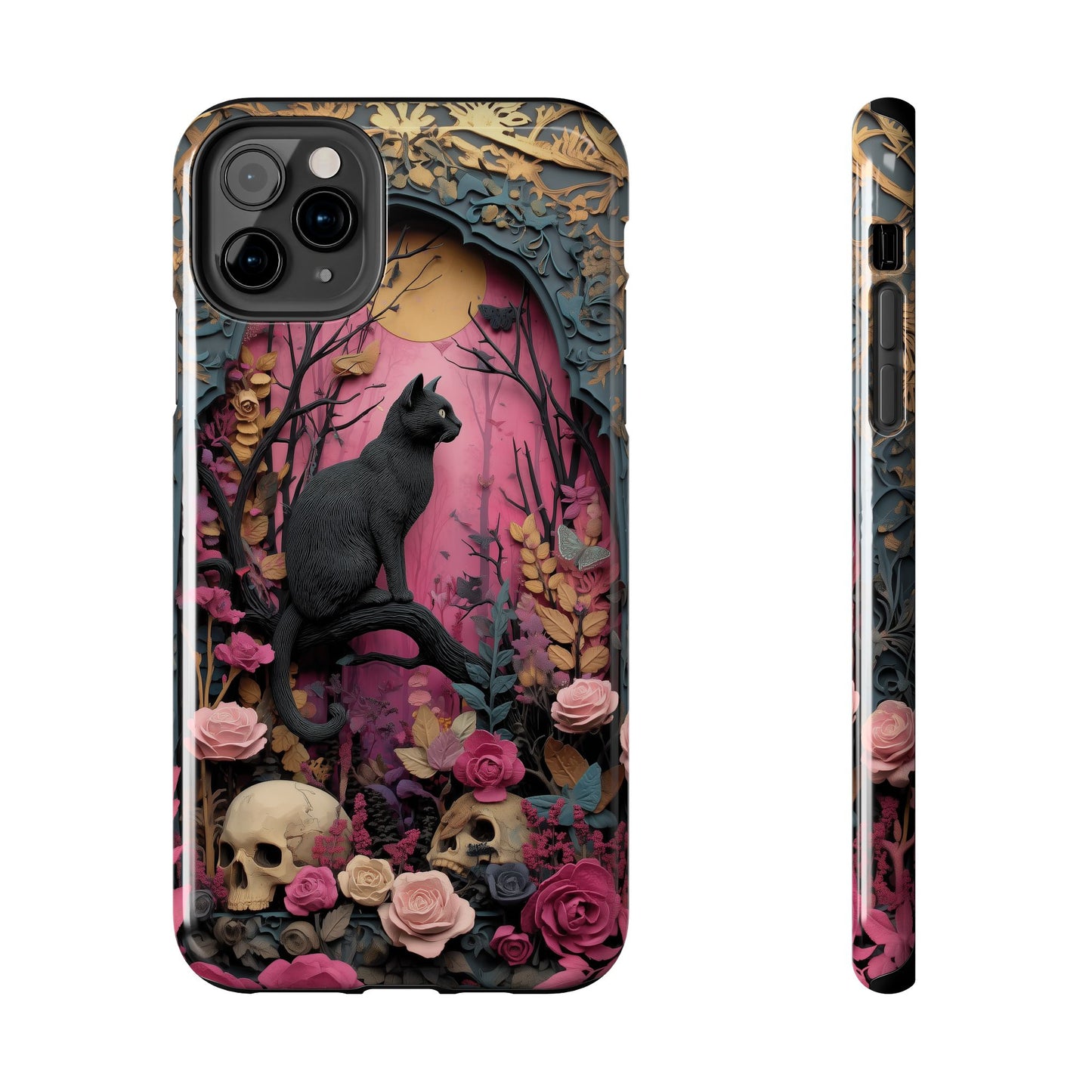 Gothic Cat & Floral Skulls Phone Case