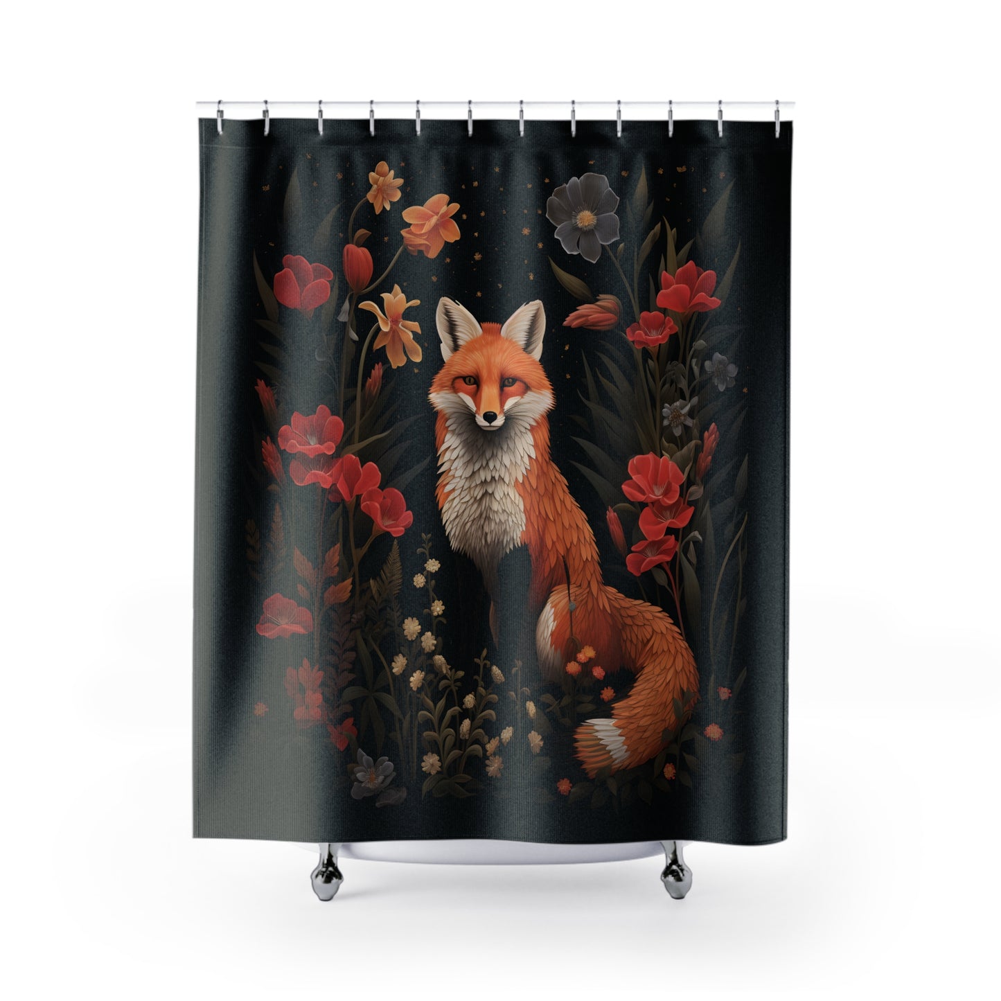 Dark Cottagecore Woodland Fox and Flowers Bath Shower Curtain