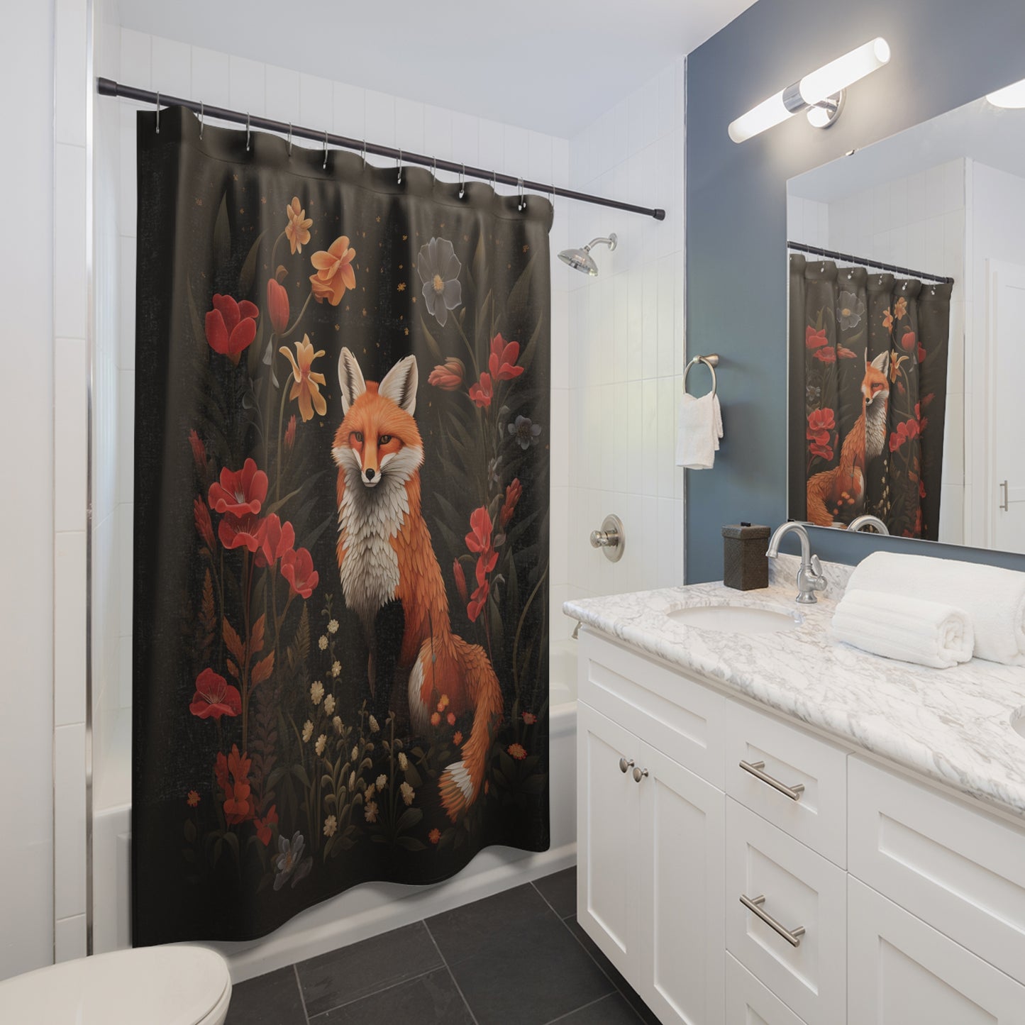 Dark Cottagecore Woodland Fox and Flowers Bath Shower Curtain