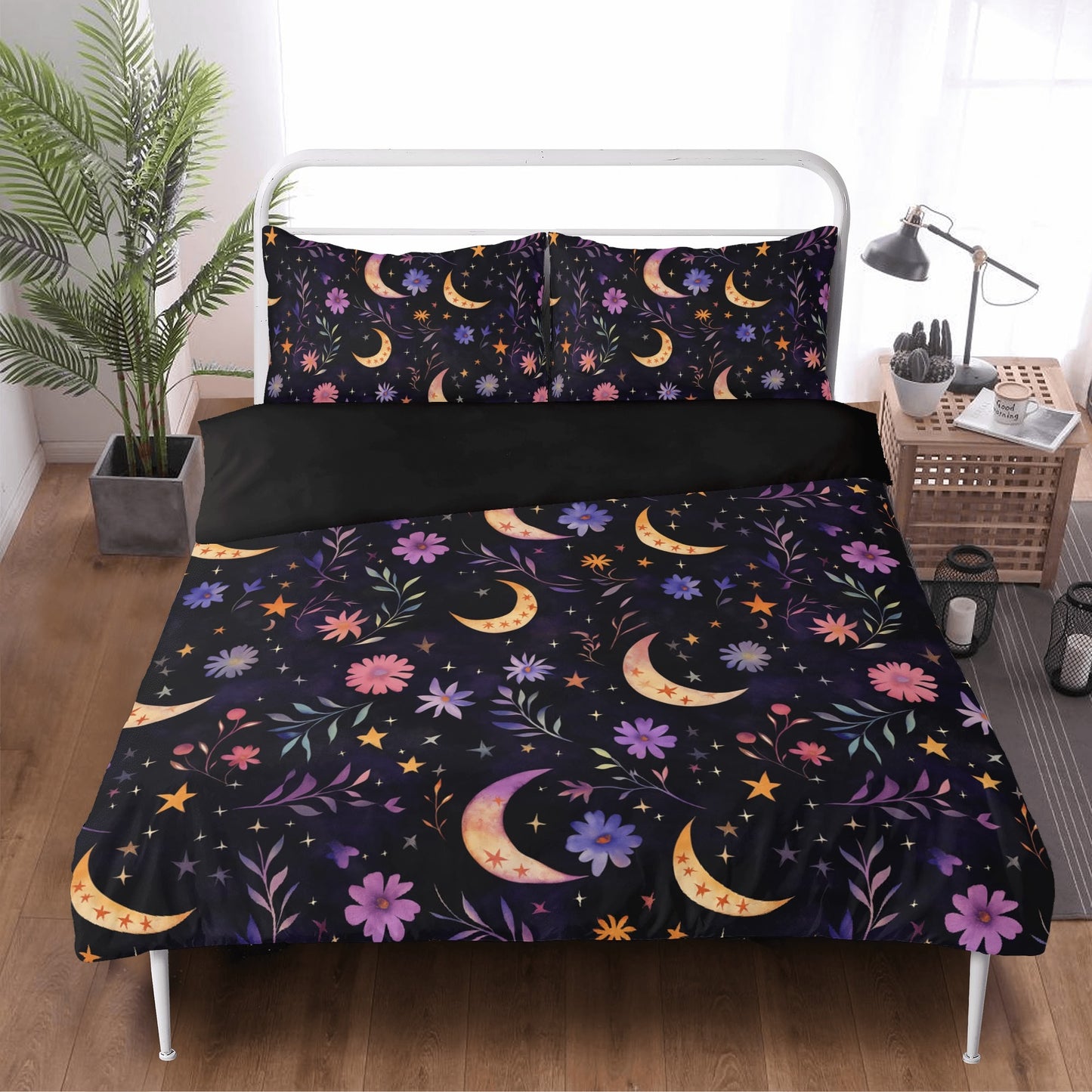 duvet bedding set with ethereal moons and flowers 
