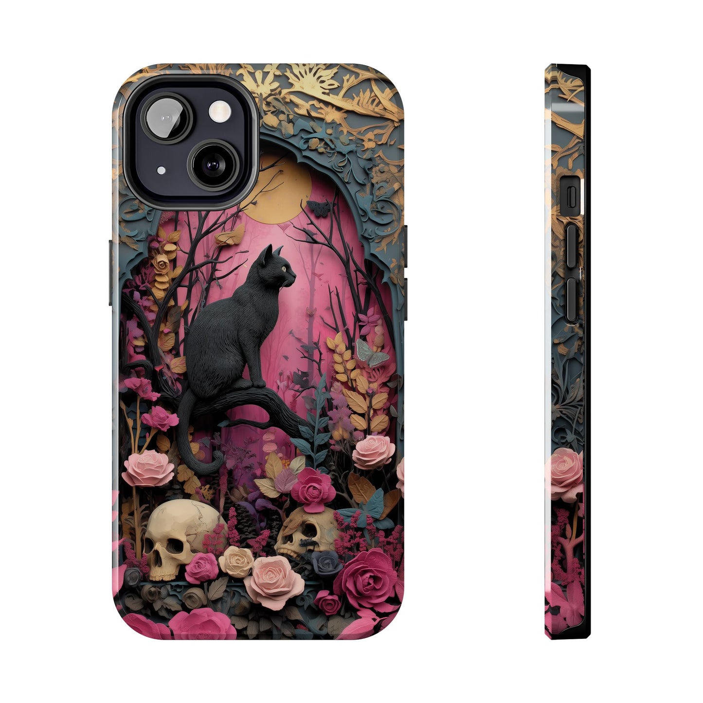 Gothic Cat & Floral Skulls Phone Case