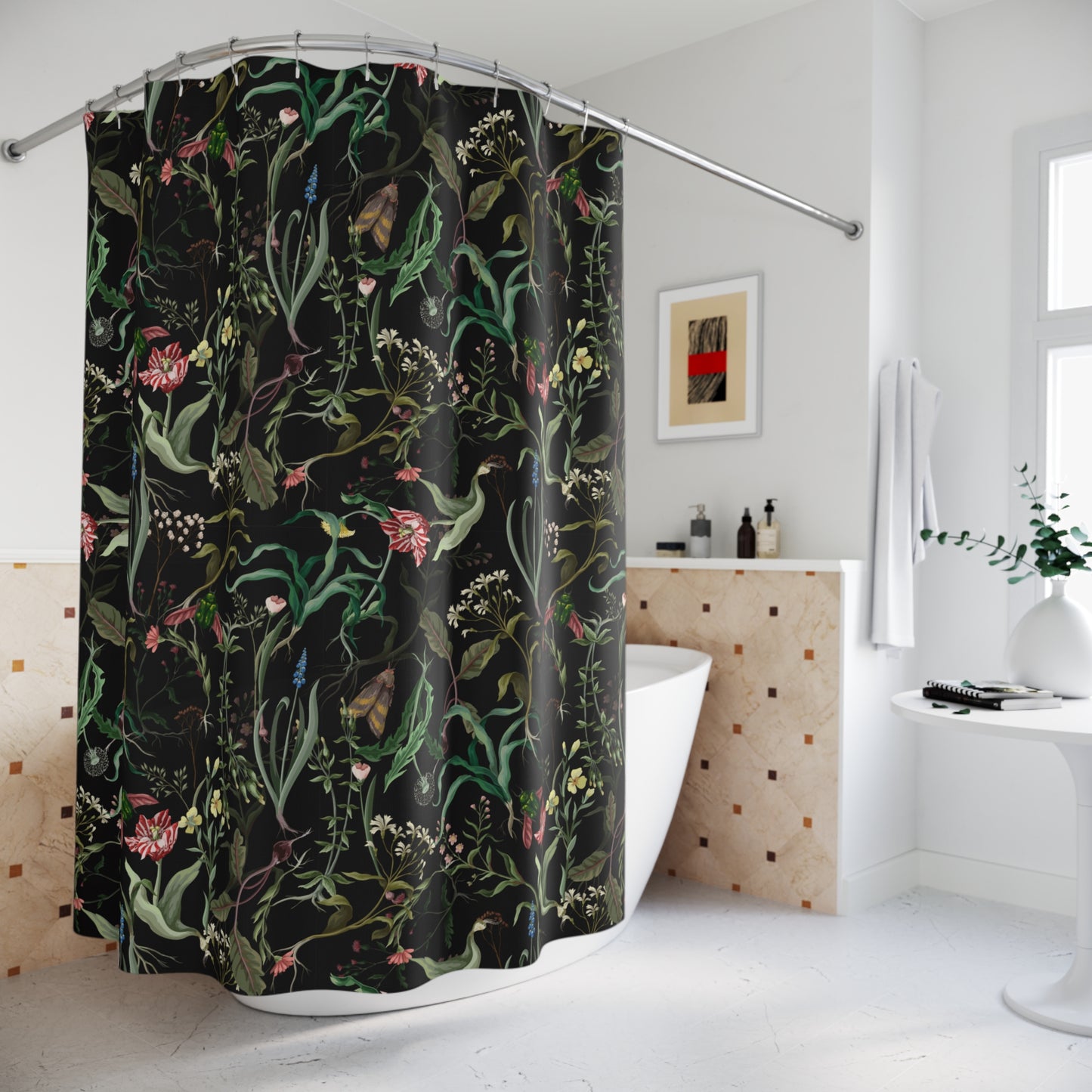 Dark Moody Floral Shower Curtain & Bath Mat