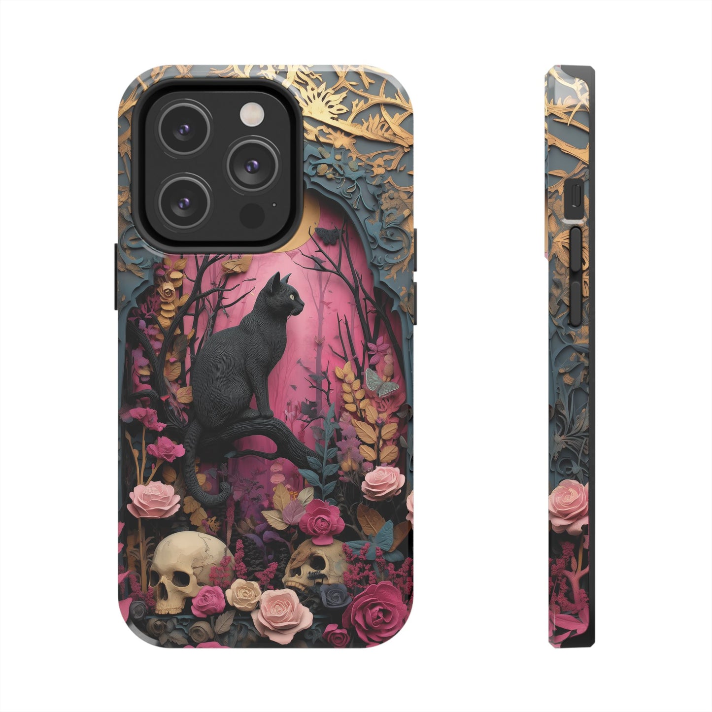 Gothic Cat & Floral Skulls Phone Case